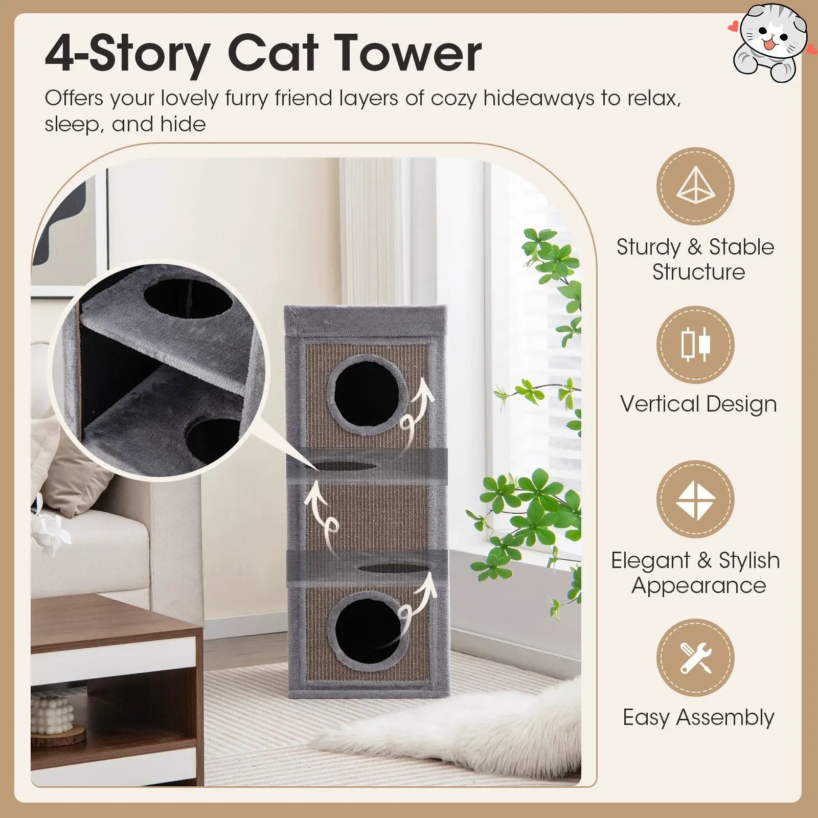 39 Inch Tall Cat Condo with Scratching Posts and 3 Hideaways and 4 Soft Plush Cushions by DirectDeals