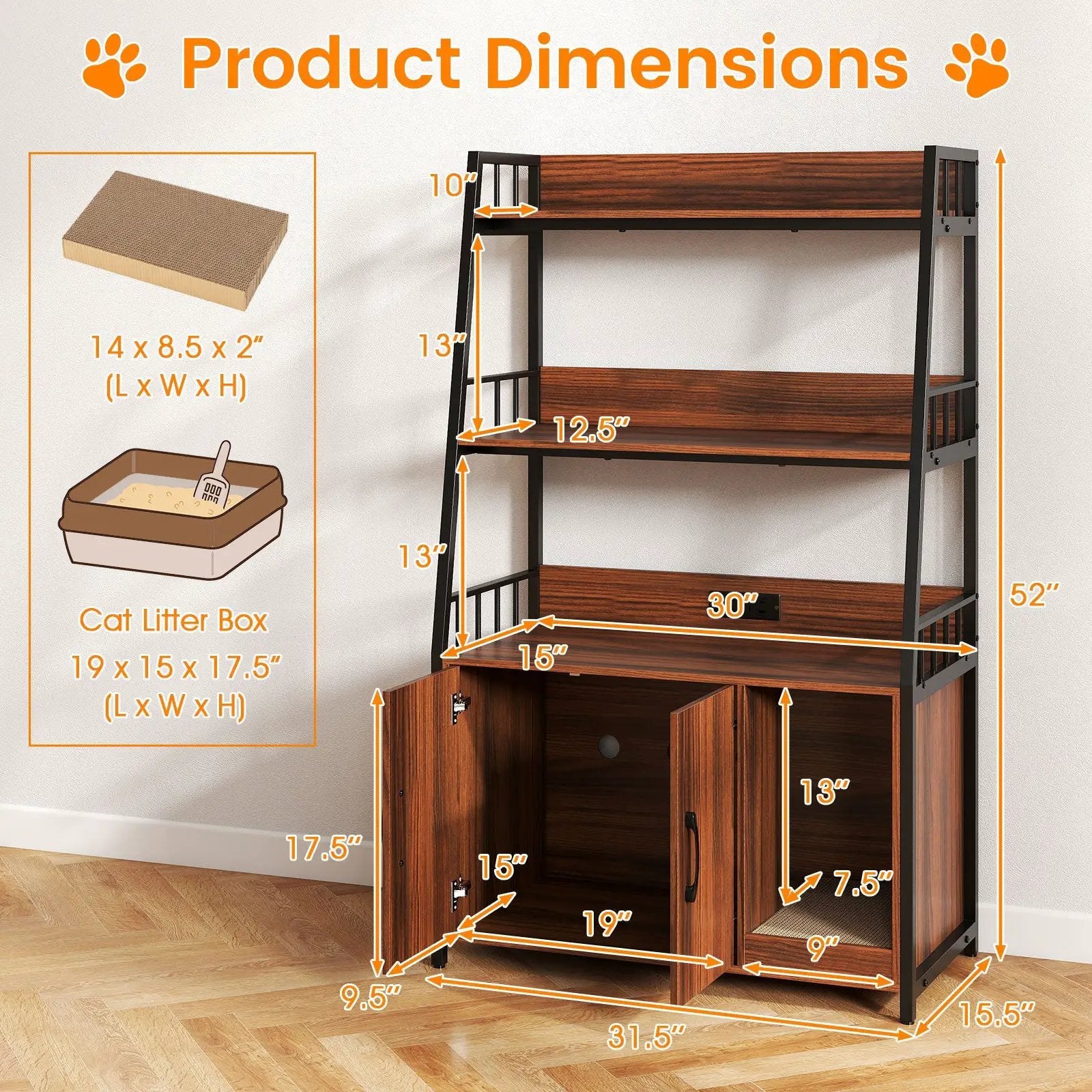 Cat Litter Box Enclosure with Storage Shelves and Scratching Pad by DirectDeals