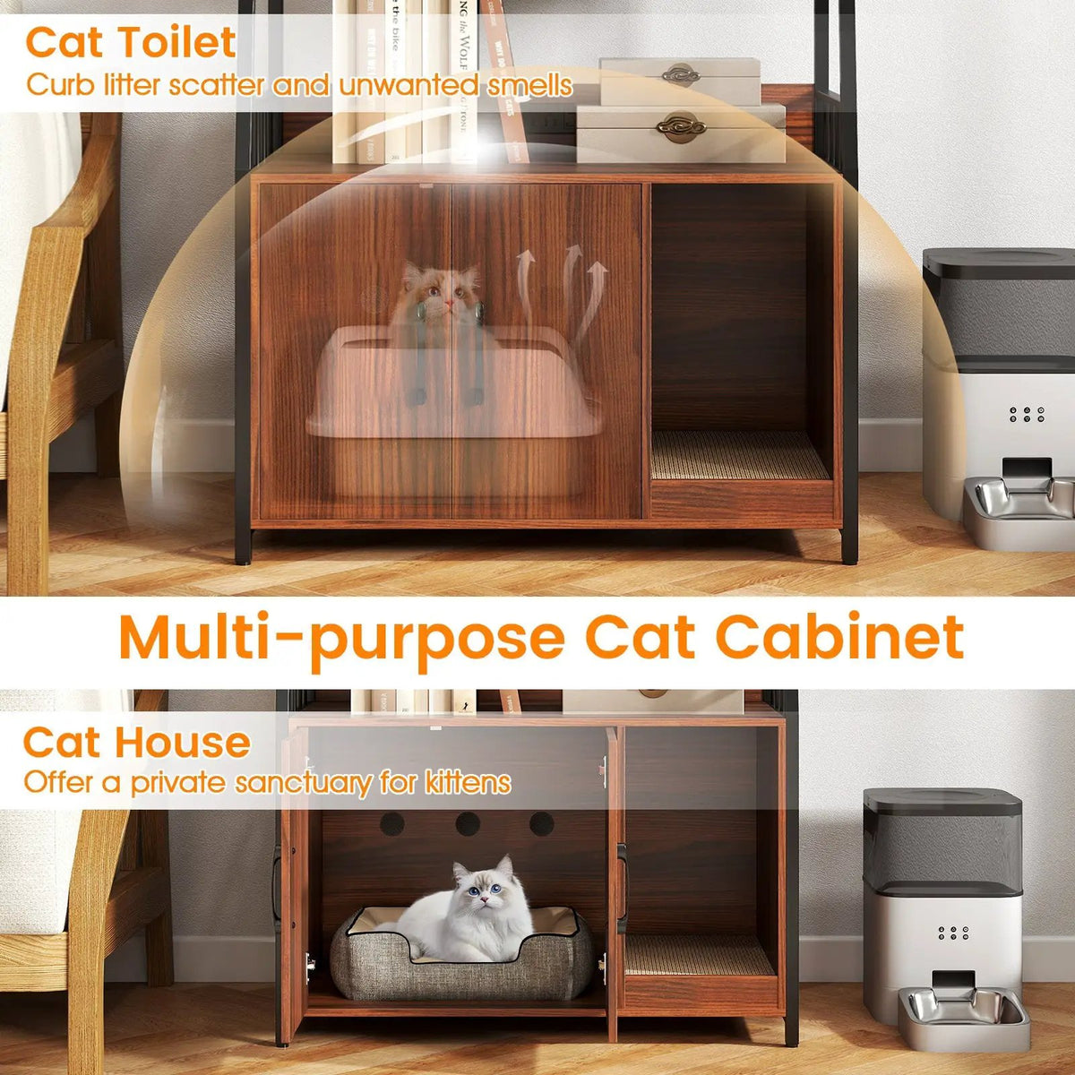 Cat Litter Box Enclosure with Storage Shelves and Scratching Pad, photo 14 of 24