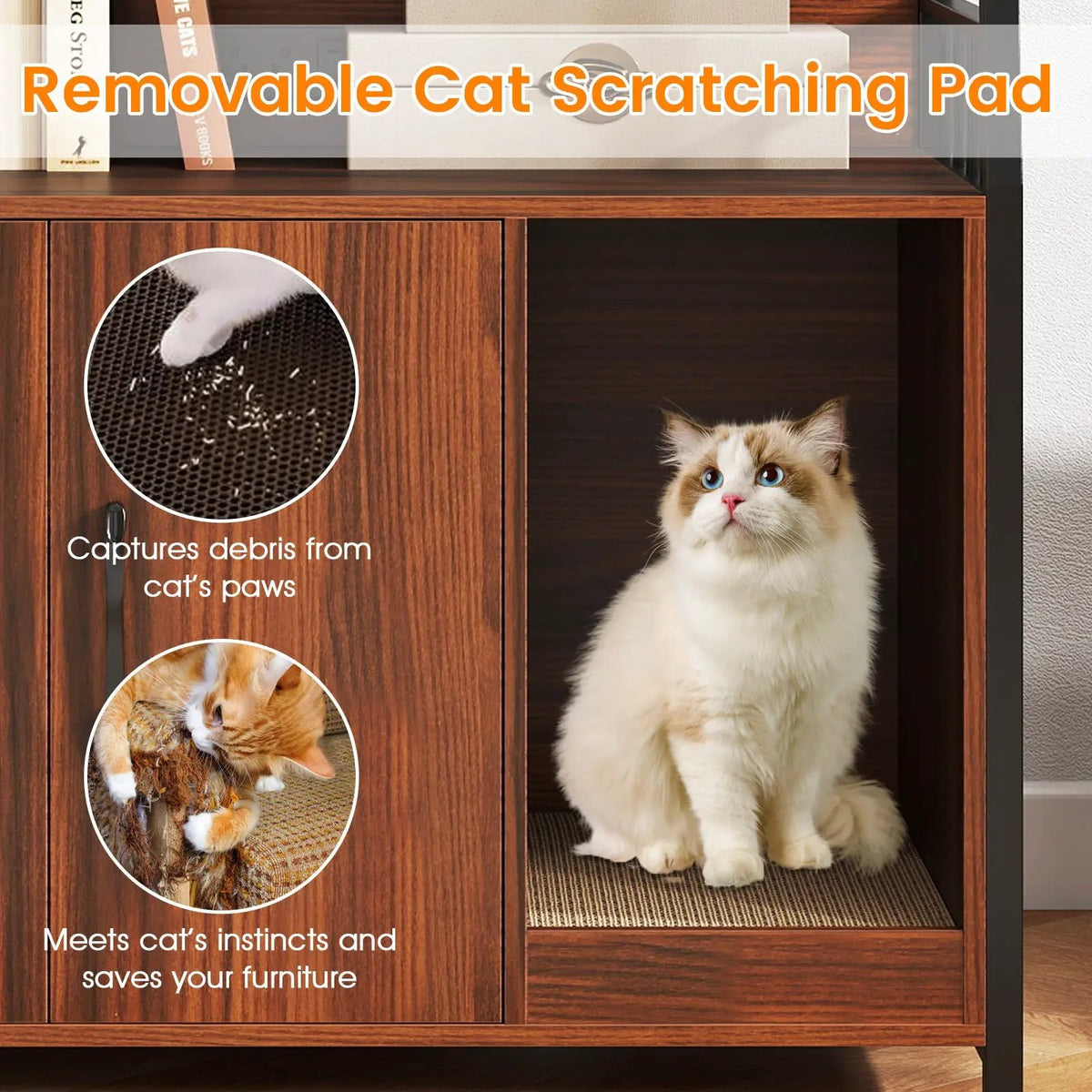 Cat Litter Box Enclosure with Storage Shelves and Scratching Pad, photo 22 of 24
