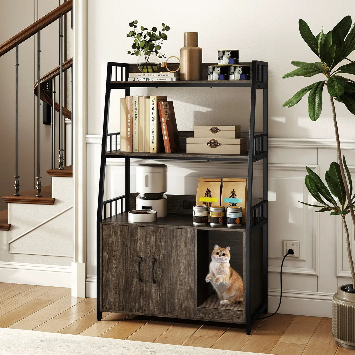 Cat Litter Box Enclosure with Storage Shelves and Scratching Pad, photo 4 of 24