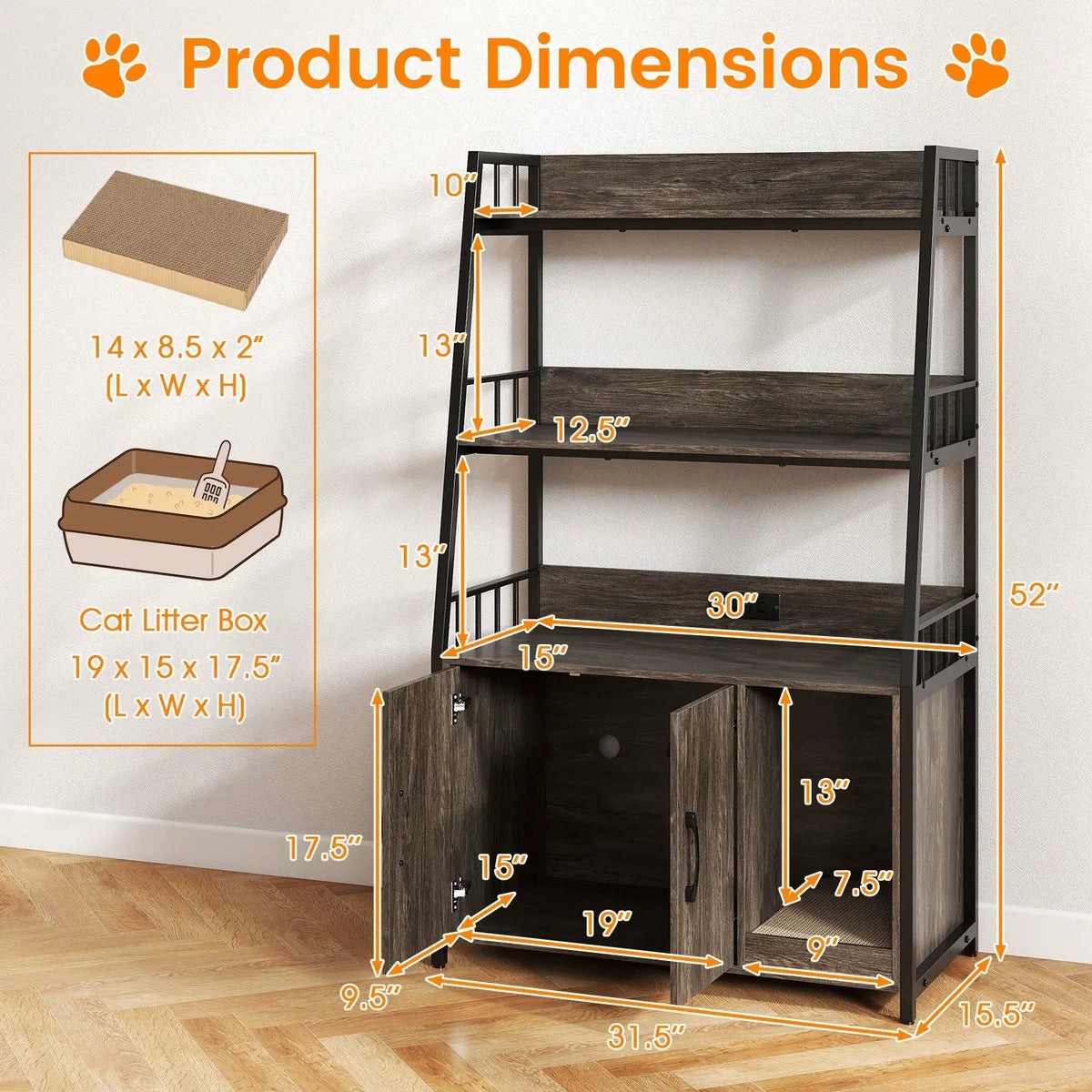 Cat Litter Box Enclosure with Storage Shelves and Scratching Pad, photo 10 of 24