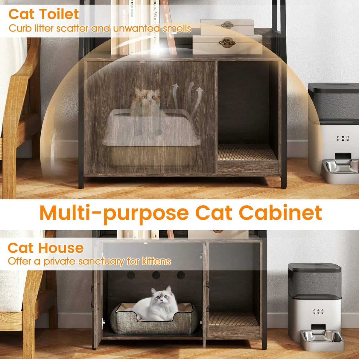 Cat Litter Box Enclosure with Storage Shelves and Scratching Pad, photo 15 of 24