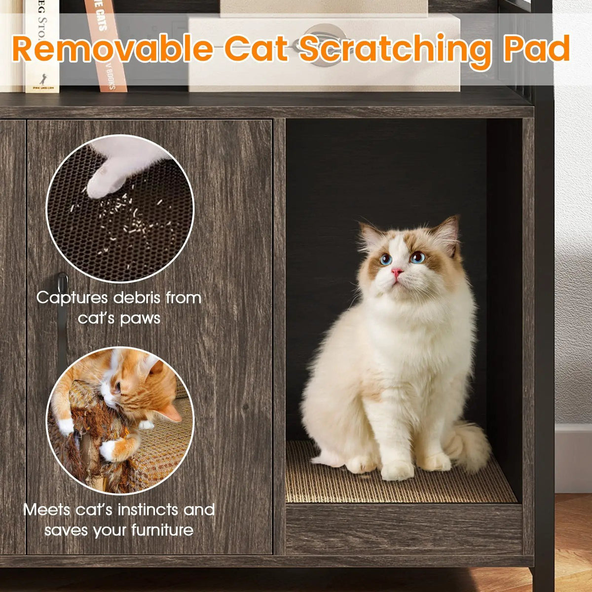 Cat Litter Box Enclosure with Storage Shelves and Scratching Pad, photo 23 of 24