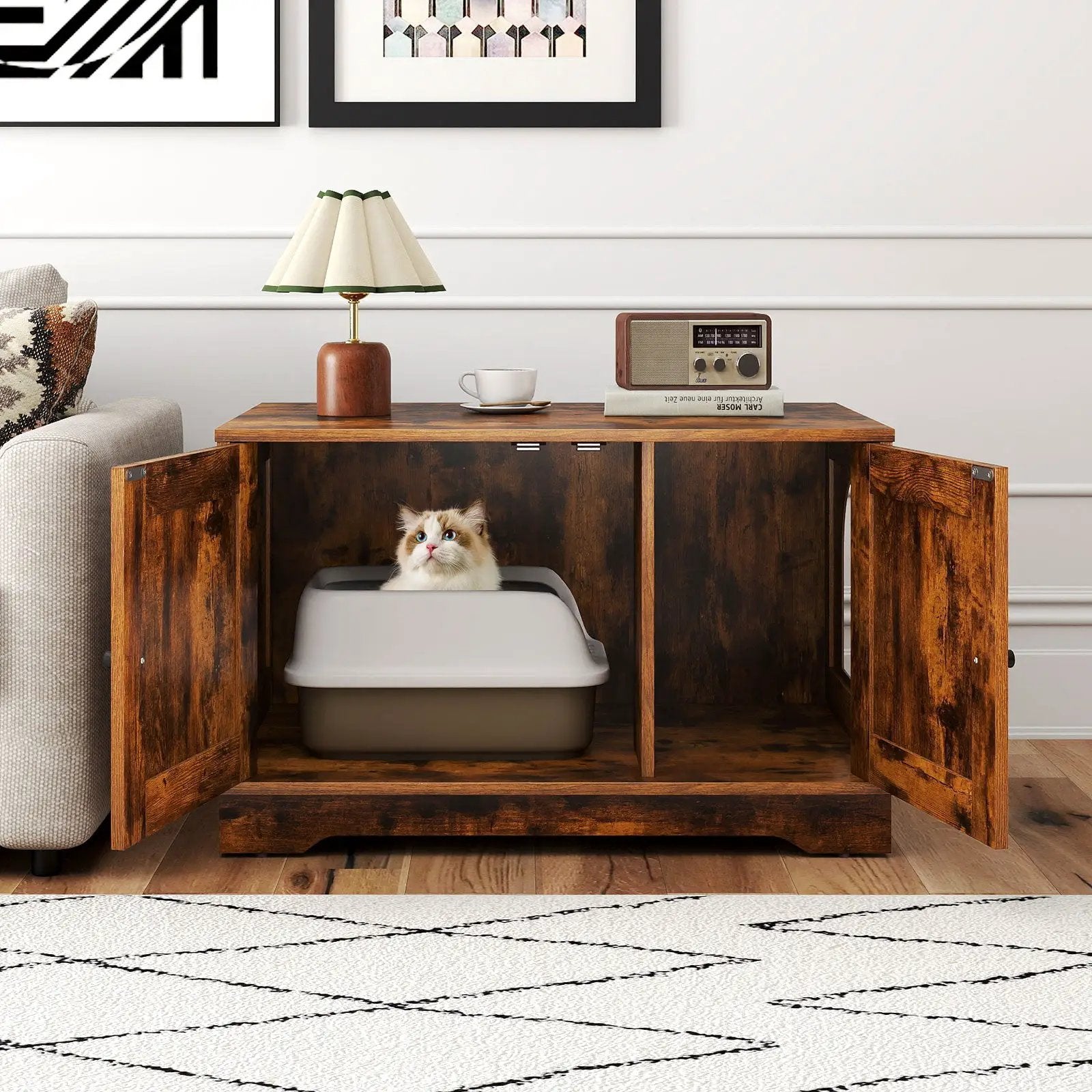 Cat Litter Box Enclosure Furniture Indoor Wooden Cat House End Side Table Nightstand by DirectDeals