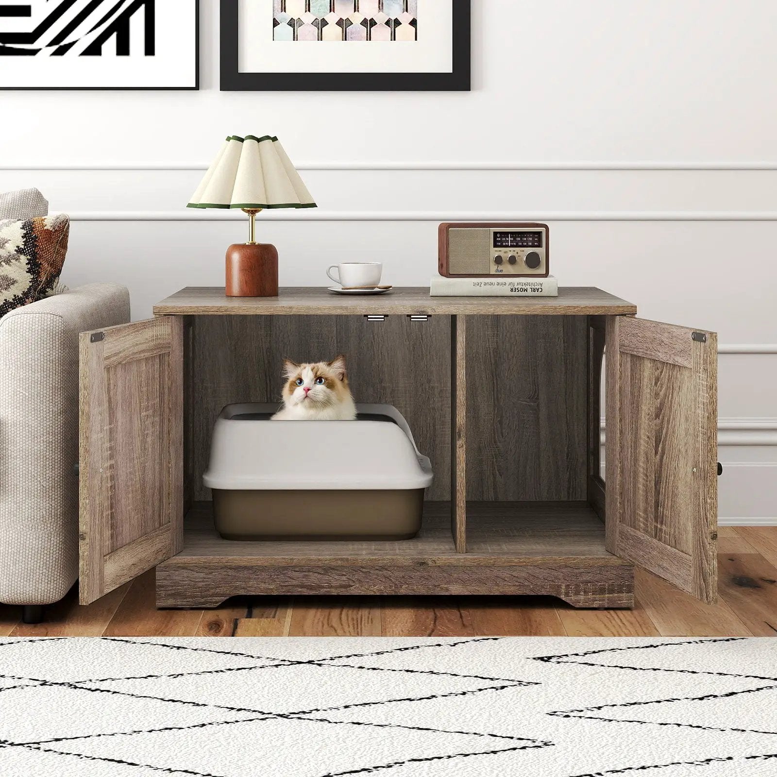 Cat Litter Box Enclosure Furniture Indoor Wooden Cat House End Side Table Nightstand by DirectDeals