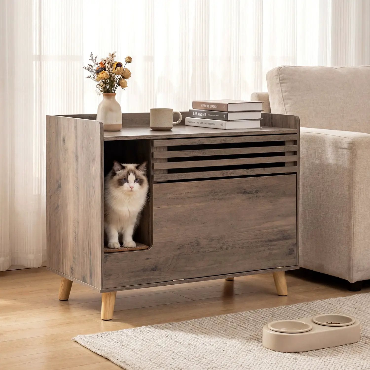 Cat Litter Box Enclosure with Flip-down Opening Door and Scratching Mat by DirectDeals