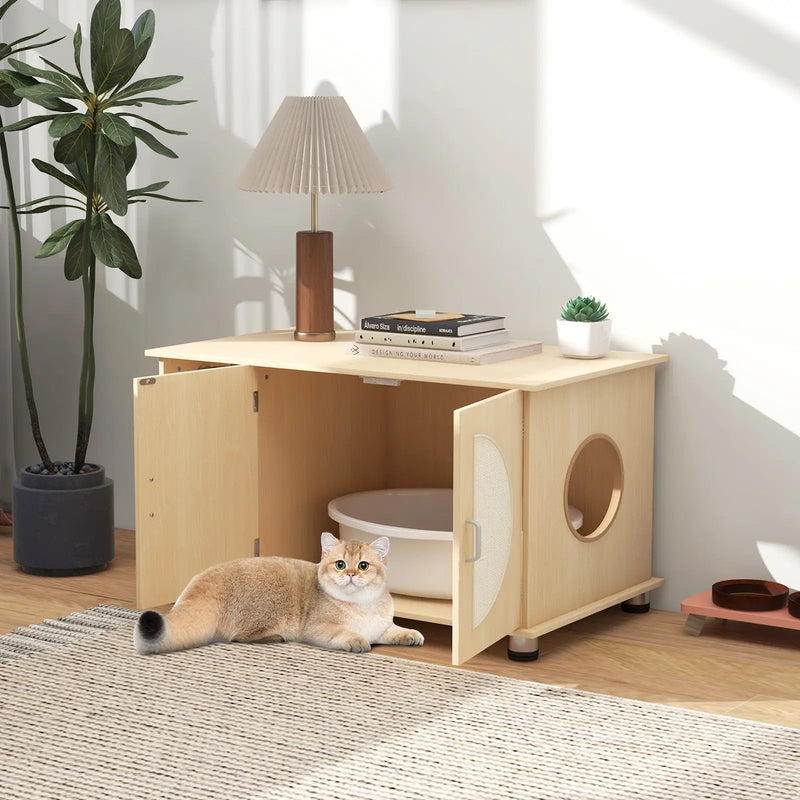 Cat Litter Box Enclosure with Sisal Scratching Doors and Adjustable Metal Feet-Natural by DirectDeals