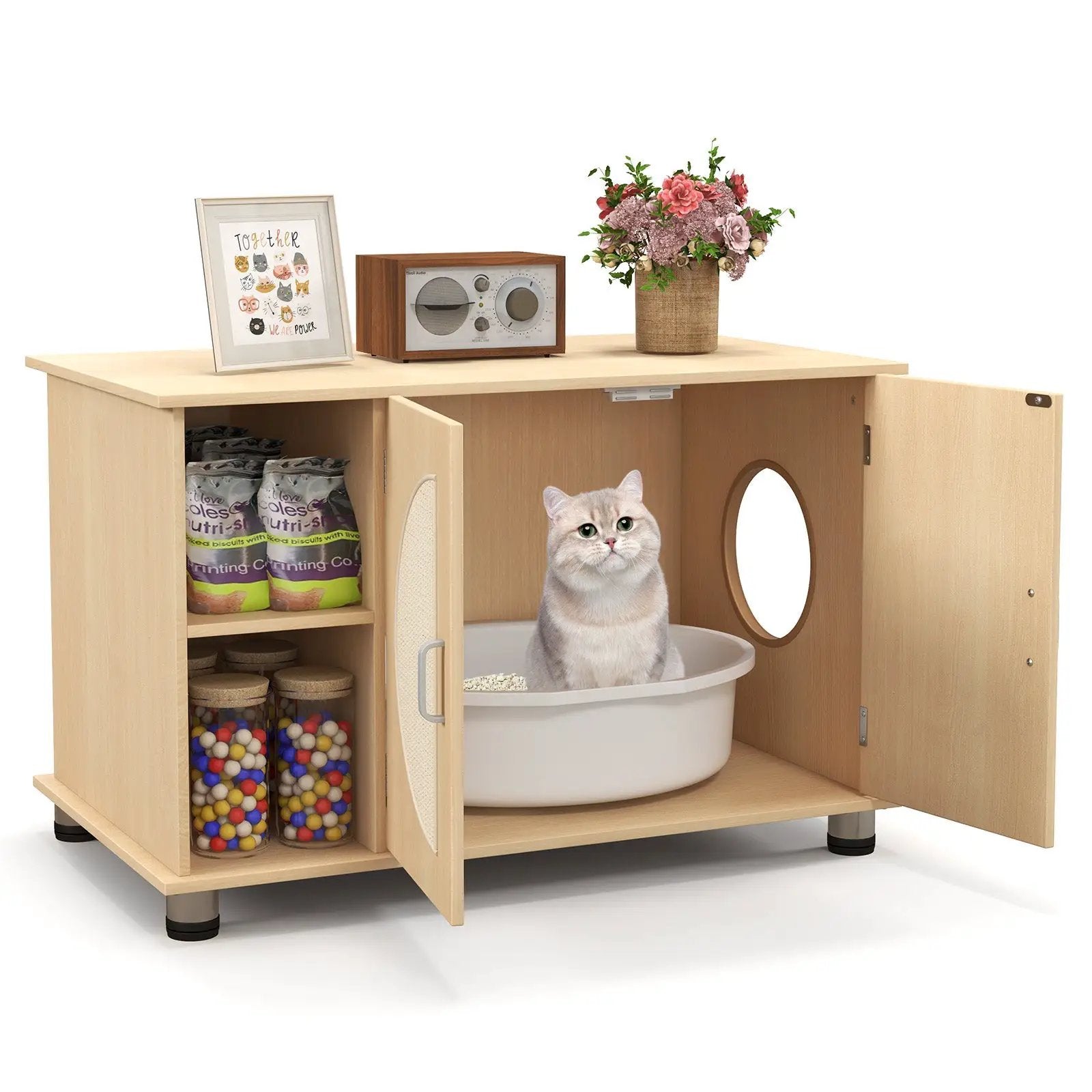 Cat Litter Box Enclosure with Sisal Scratching Doors and Adjustable Metal Feet-Natural by DirectDeals