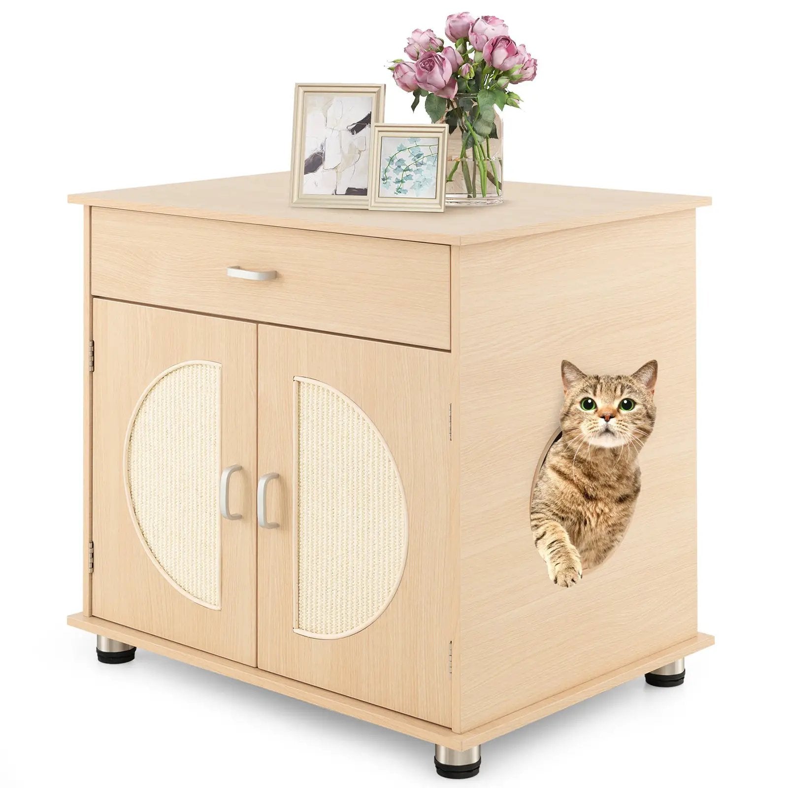 Cat Litter Box Enclosure with Sisal Scratching Doors and Storage-Natural by DirectDeals