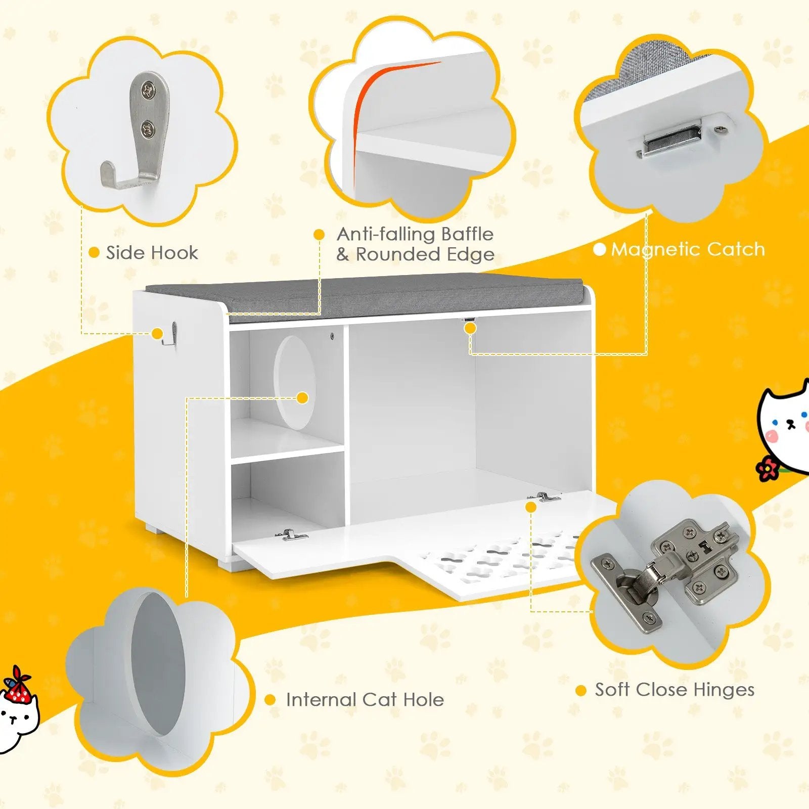 Cat Litter Box Enclosure with Removable Cushion and Front Open Door-White by DirectDeals