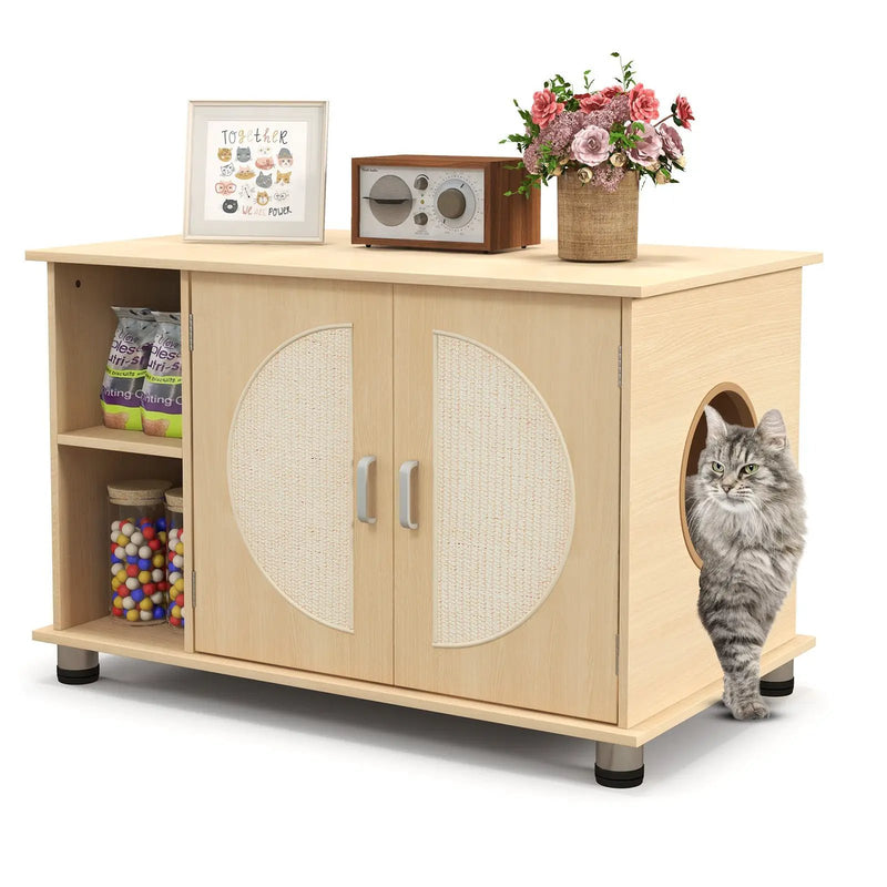 Cat Litter Box Enclosure with Sisal Scratching Doors and Adjustable Metal Feet-Natural by DirectDeals