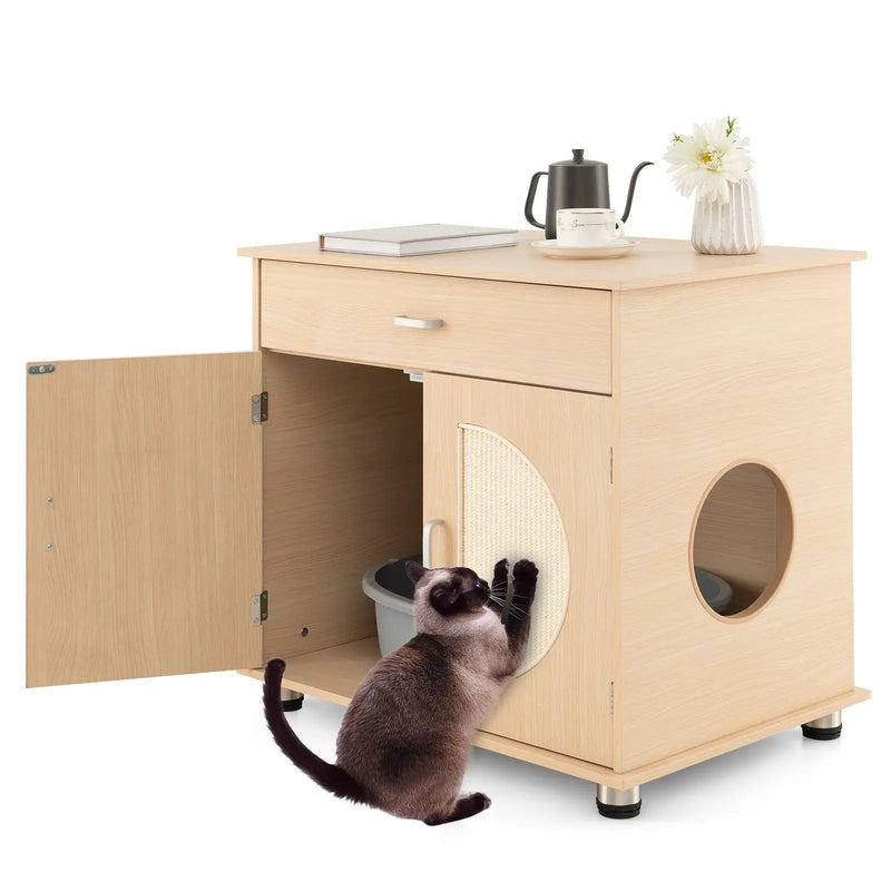 Cat Litter Box Enclosure with Sisal Scratching Doors and Storage-Natural by DirectDeals