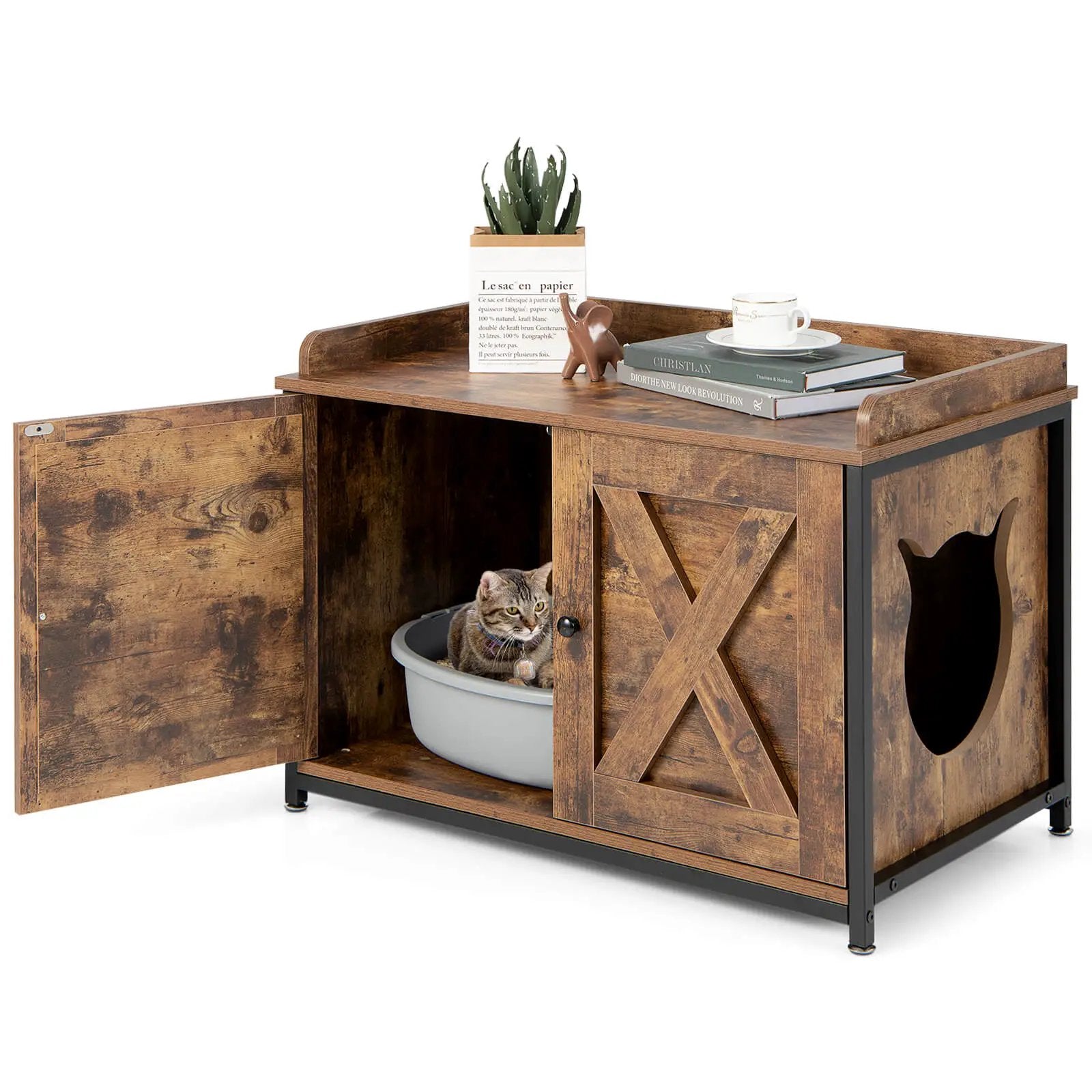 Cat Litter Box Enclosure with Double Doors and Adjustable Footpads-Brown by DirectDeals