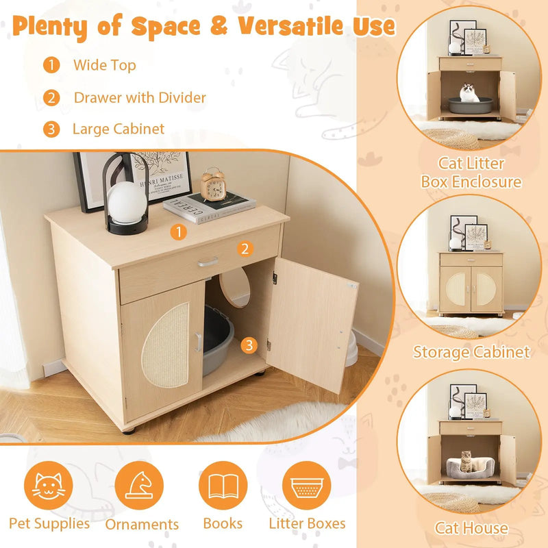 Cat Litter Box Enclosure with Sisal Scratching Doors and Storage-Natural by DirectDeals