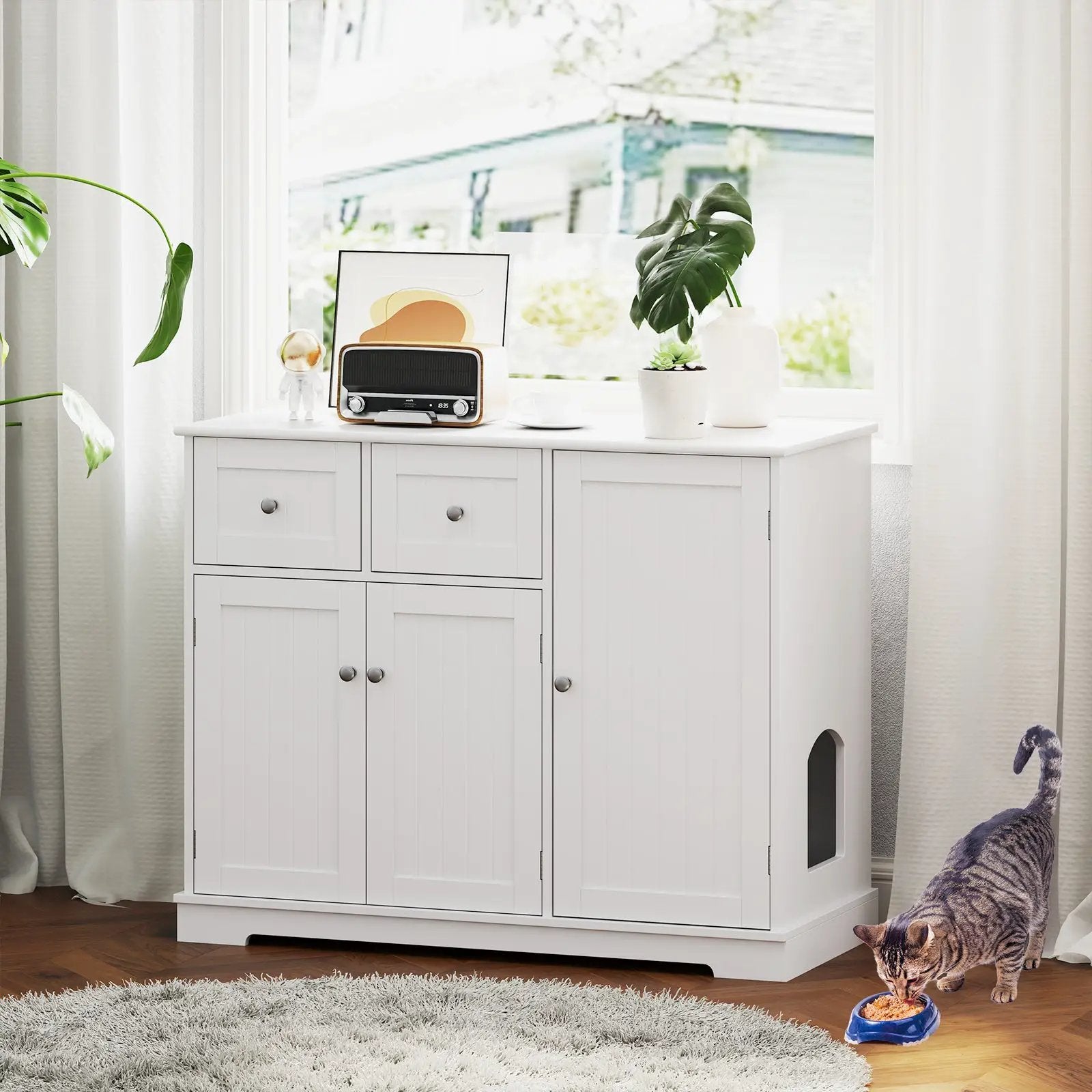 Cat Litter Box Enclosure with 2 Drawers and 3 Doors for Kittens and Adult Cats-White by DirectDeals