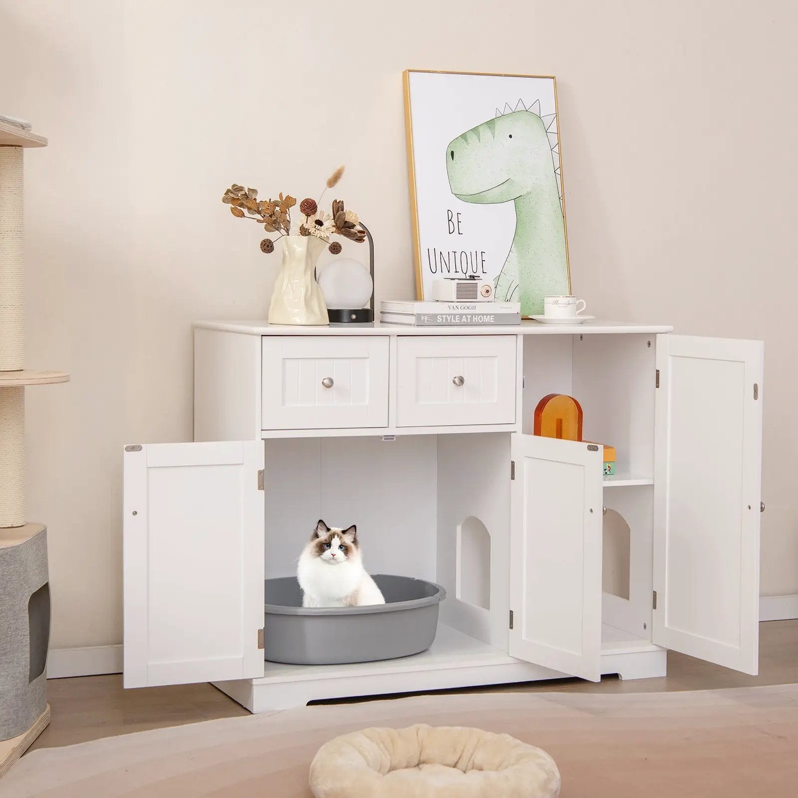 Cat Litter Box Enclosure with 2 Drawers and 3 Doors for Kittens and Adult Cats-White by DirectDeals