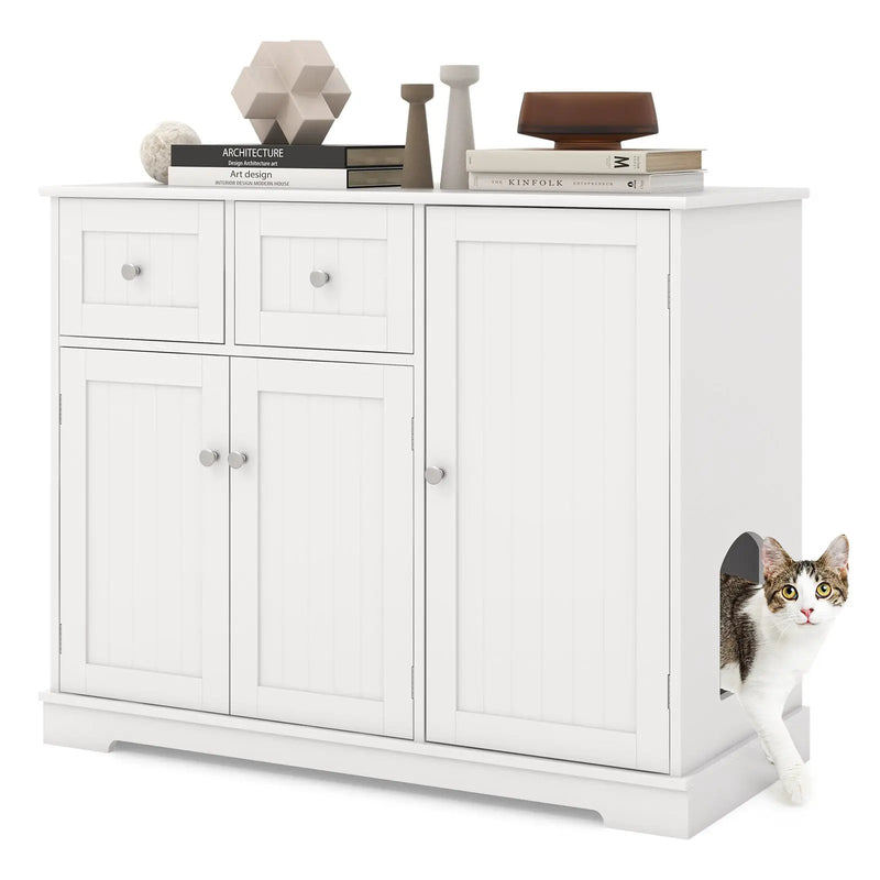 Cat Litter Box Enclosure with 2 Drawers and 3 Doors for Kittens and Adult Cats-White by DirectDeals