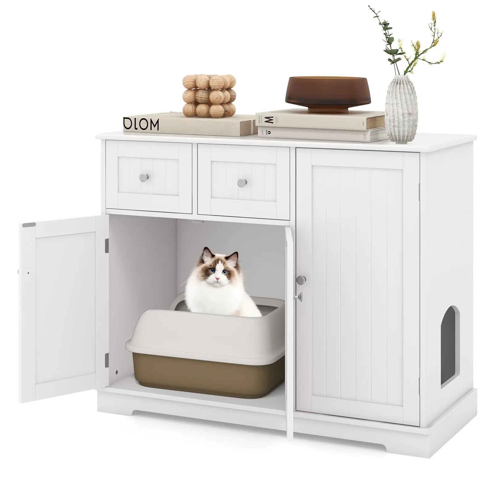 Cat Litter Box Enclosure with 2 Drawers and 3 Doors for Kittens and Adult Cats-White by DirectDeals
