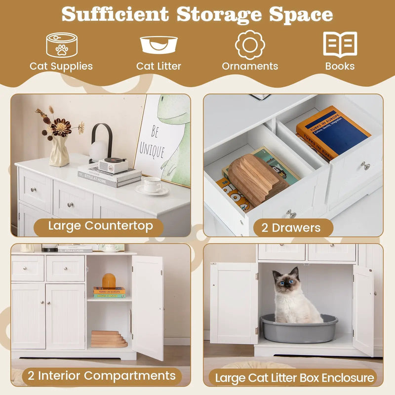 Cat Litter Box Enclosure with 2 Drawers and 3 Doors for Kittens and Adult Cats-White by DirectDeals