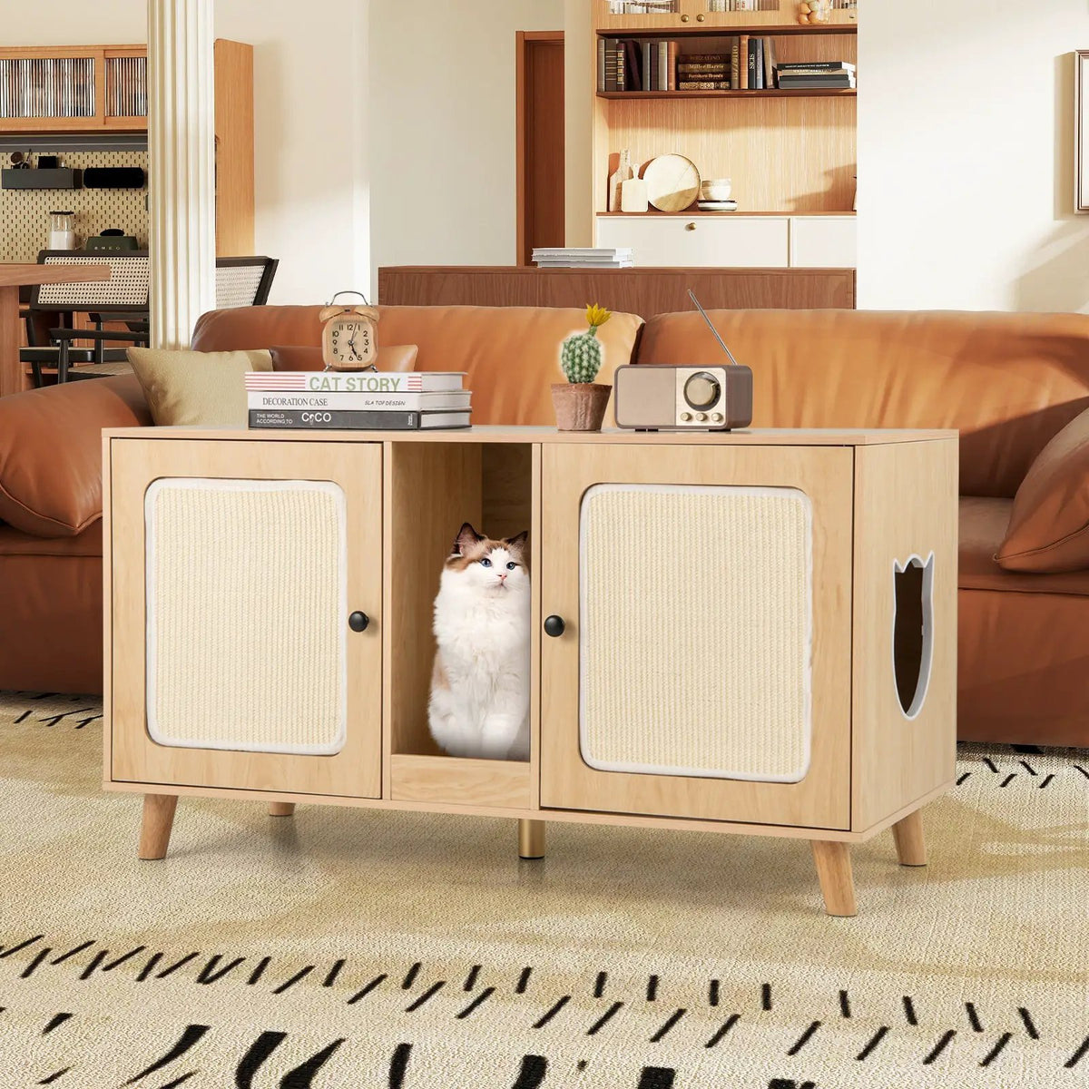 43 Inches Cat Litter Box Enclosure with Double Rooms and 2 Sisal Scratching Mats