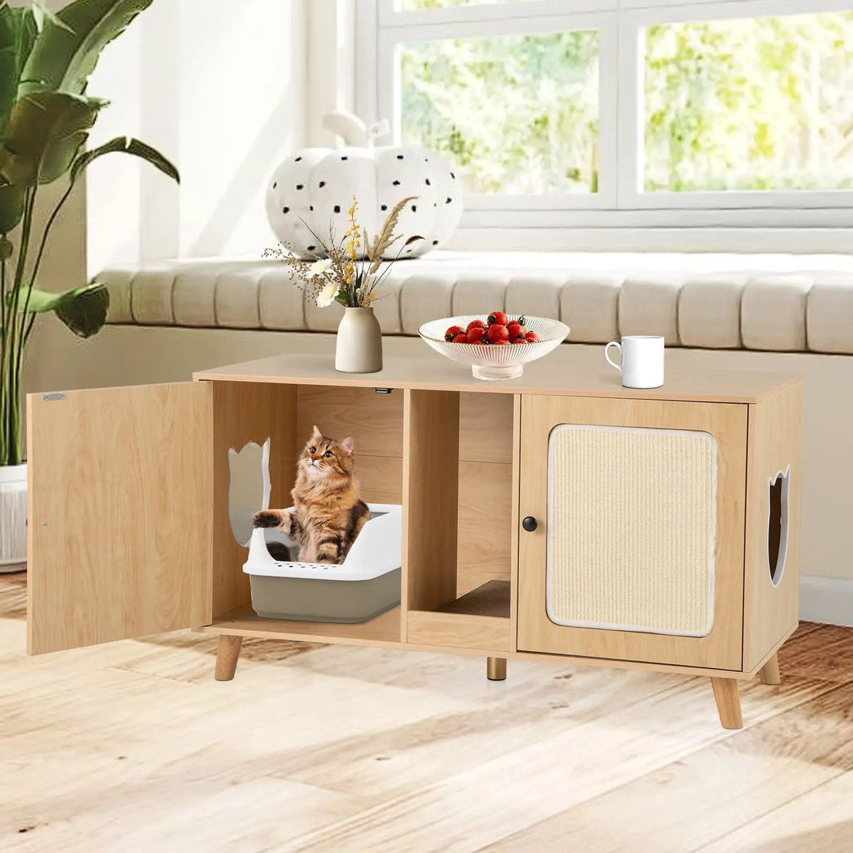43 Inches Cat Litter Box Enclosure with Double Rooms and 2 Sisal Scratching Mats, photo 3 of 16
