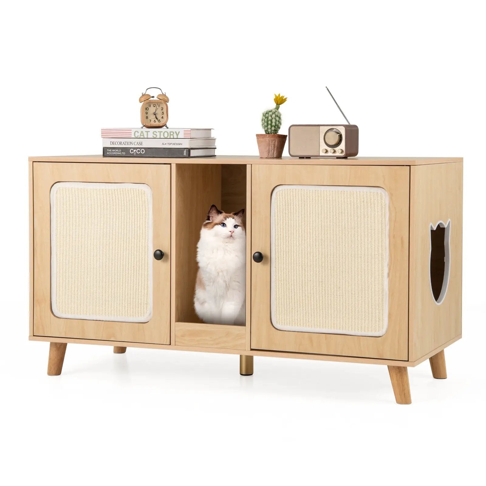 43 Inches Cat Litter Box Enclosure with Double Rooms and 2 Sisal Scratching Mats by DirectDeals