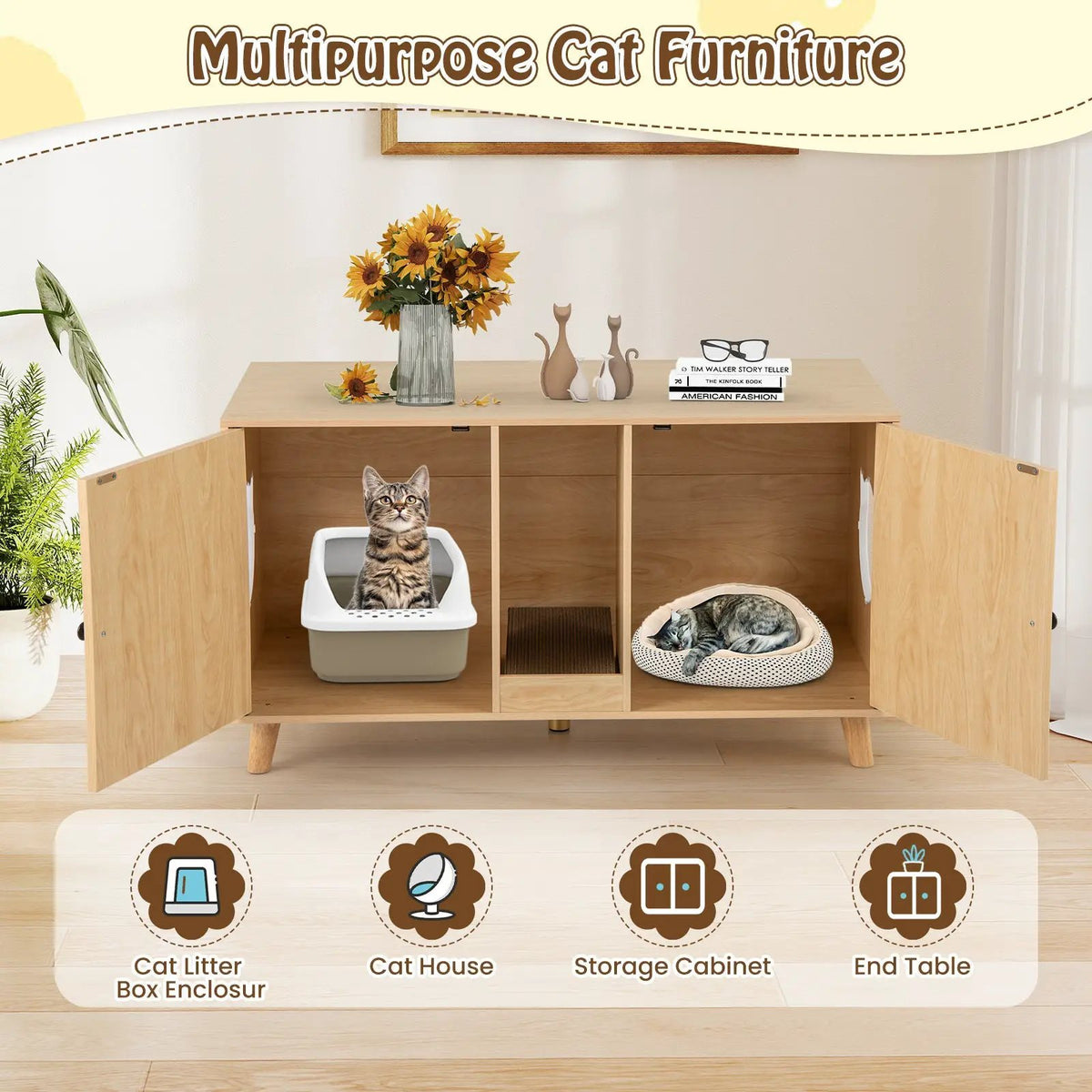 43 Inches Cat Litter Box Enclosure with Double Rooms and 2 Sisal Scratching Mats, photo 11 of 16