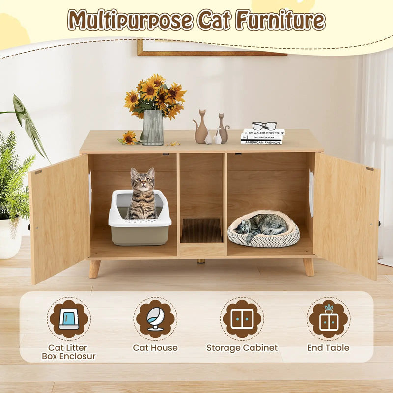 43 Inches Cat Litter Box Enclosure with Double Rooms and 2 Sisal Scratching Mats by DirectDeals