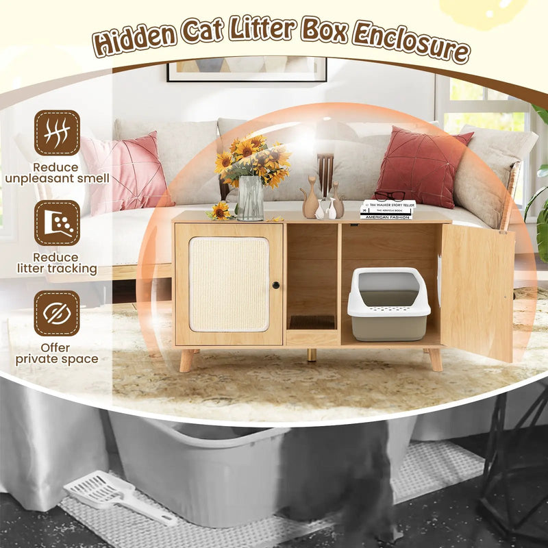 43 Inches Cat Litter Box Enclosure with Double Rooms and 2 Sisal Scratching Mats by DirectDeals