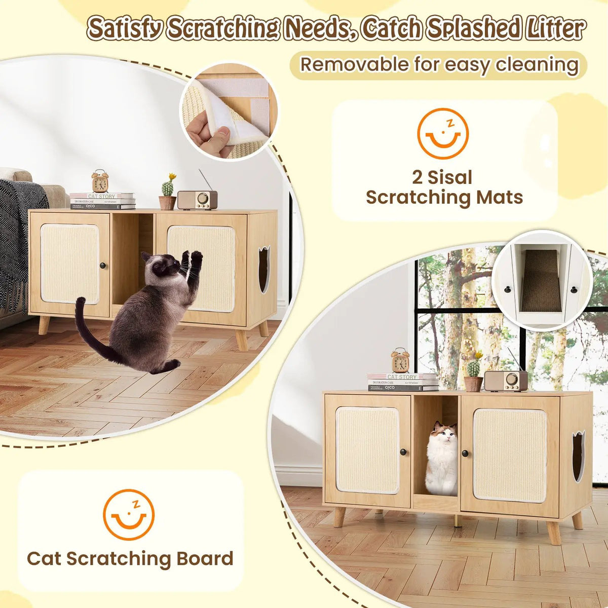 43 Inches Cat Litter Box Enclosure with Double Rooms and 2 Sisal Scratching Mats, photo 15 of 16