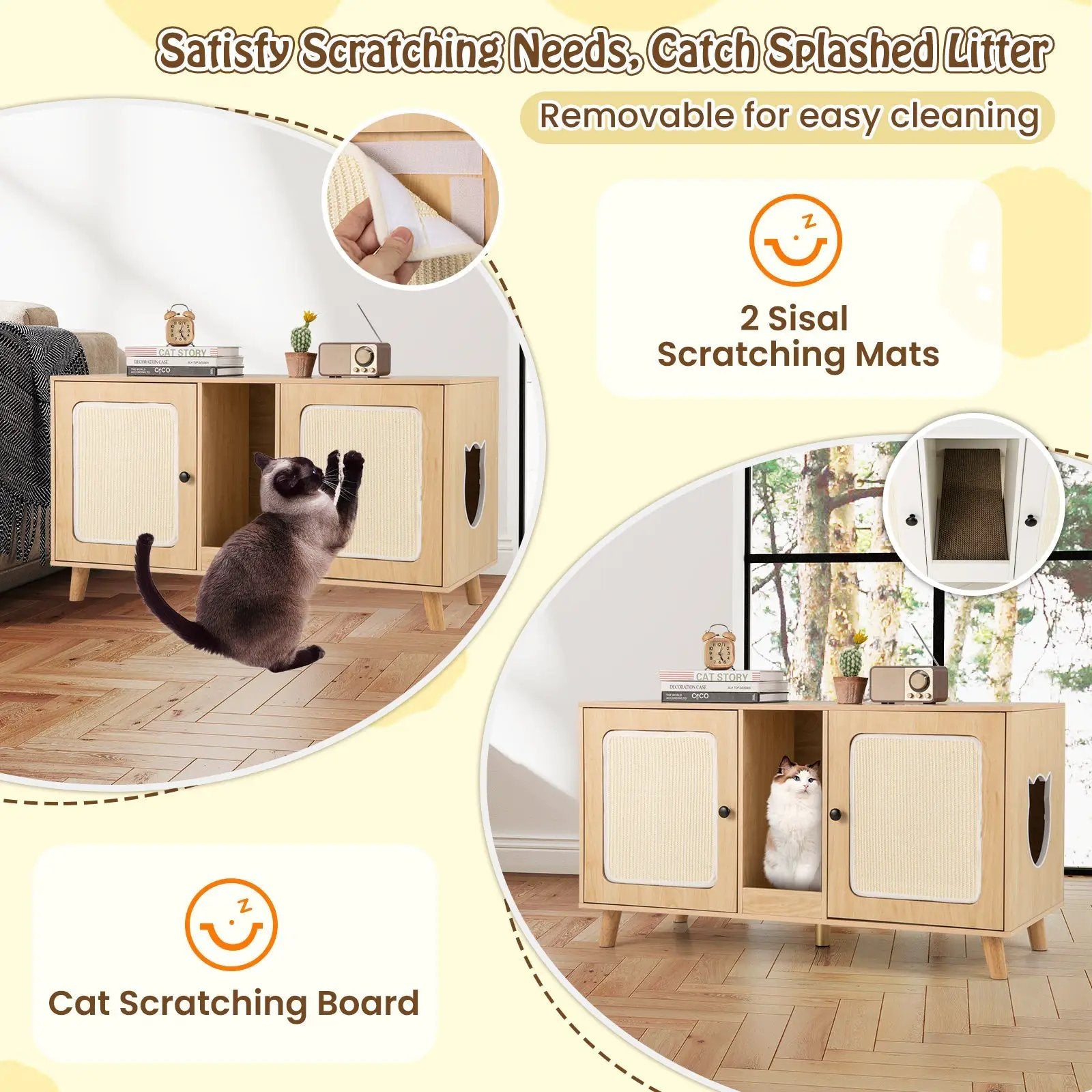 43 Inches Cat Litter Box Enclosure with Double Rooms and 2 Sisal Scratching Mats by DirectDeals