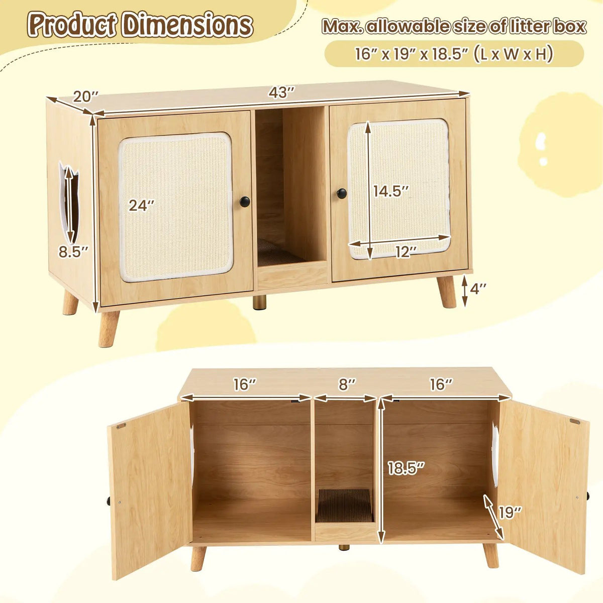 43 Inches Cat Litter Box Enclosure with Double Rooms and 2 Sisal Scratching Mats, photo 9 of 16