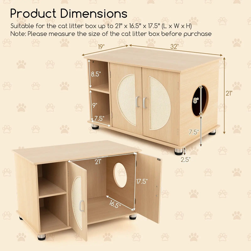 Cat Litter Box Enclosure with Sisal Scratching Doors and Adjustable Metal Feet-Natural by DirectDeals