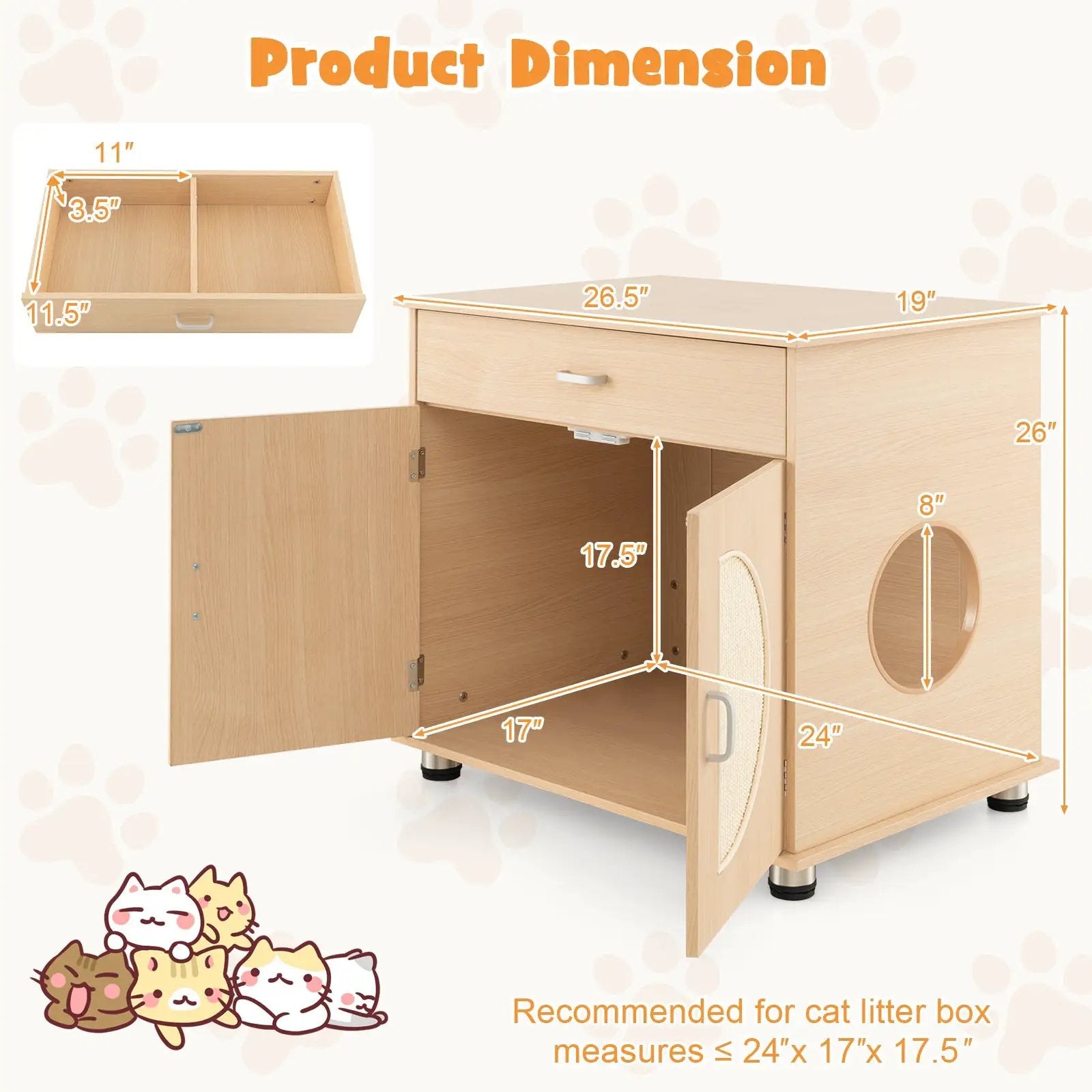 Cat Litter Box Enclosure with Sisal Scratching Doors and Storage-Natural by DirectDeals