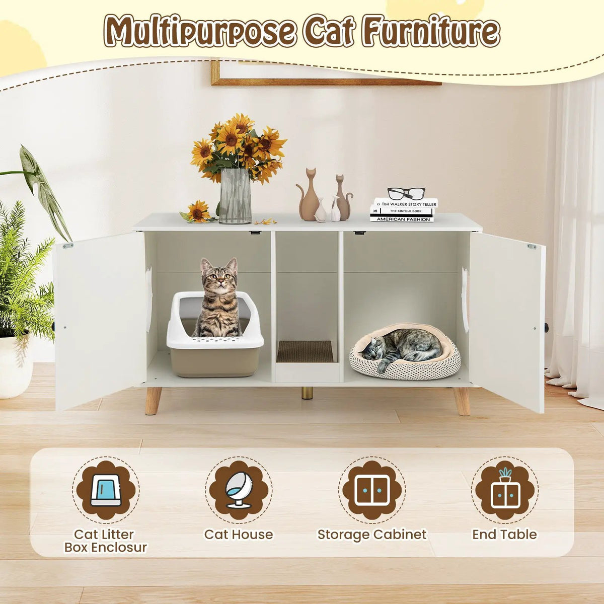 43 Inches Cat Litter Box Enclosure with Double Rooms and 2 Sisal Scratching Mats, photo 12 of 16