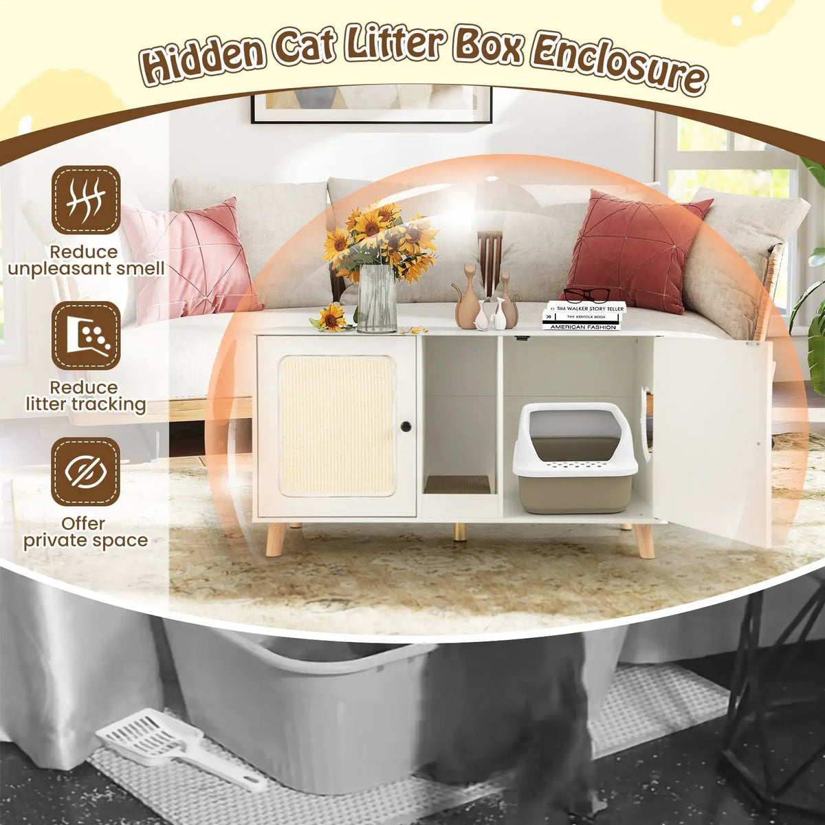 43 Inches Cat Litter Box Enclosure with Double Rooms and 2 Sisal Scratching Mats, photo 14 of 16