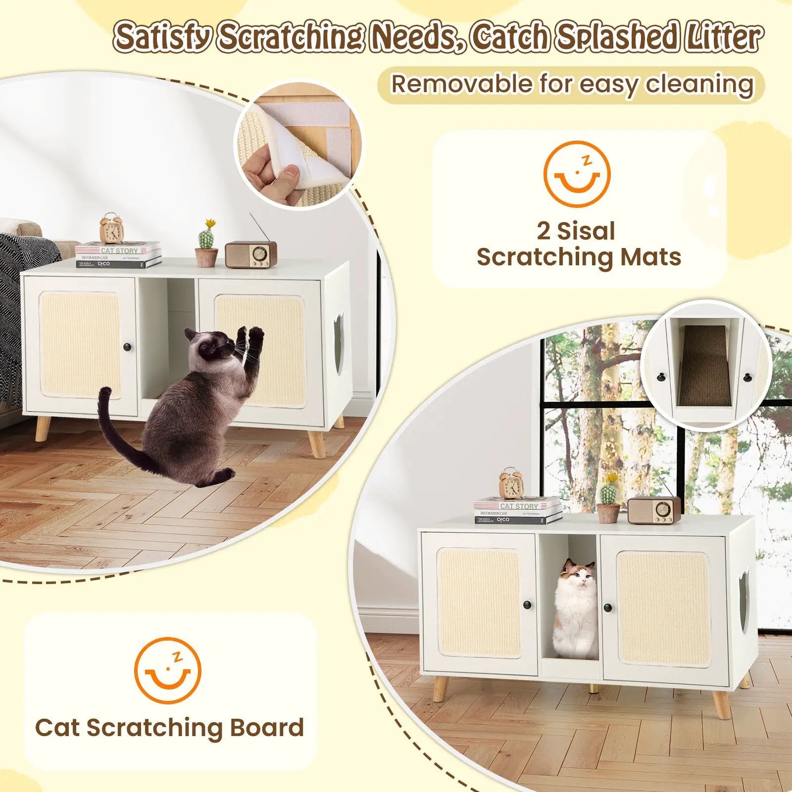 43 Inches Cat Litter Box Enclosure with Double Rooms and 2 Sisal Scratching Mats by DirectDeals