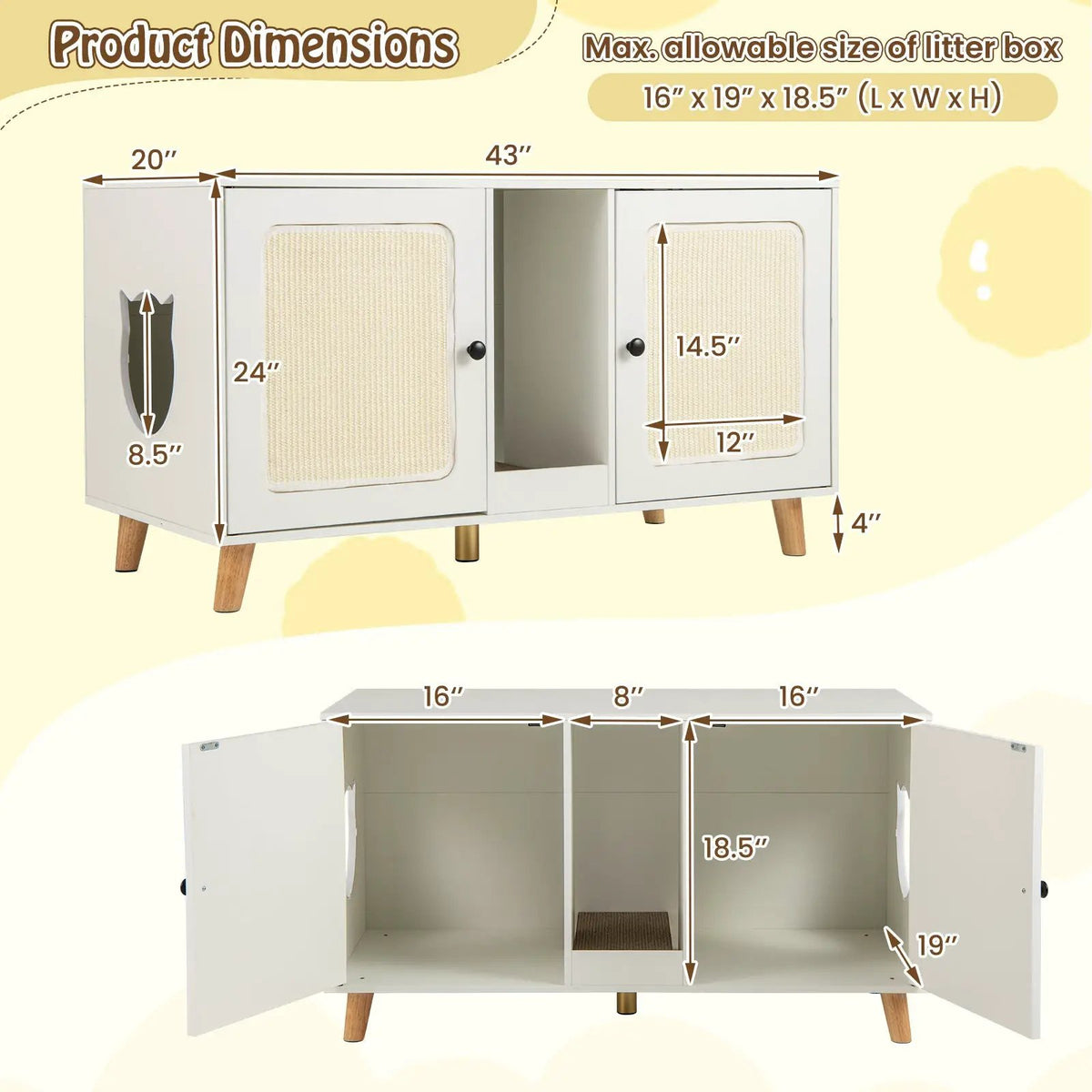 43 Inches Cat Litter Box Enclosure with Double Rooms and 2 Sisal Scratching Mats, photo 10 of 16