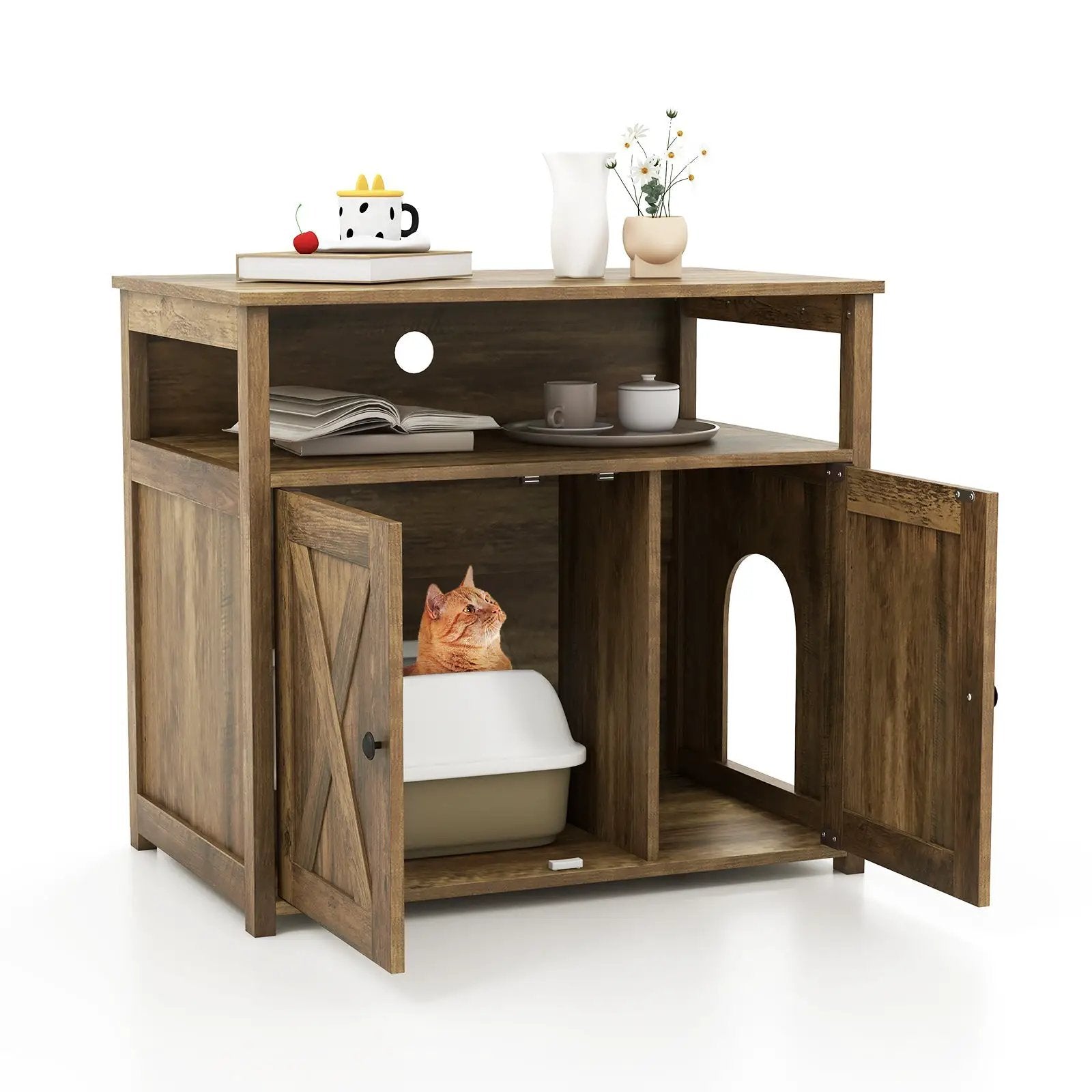 Cat Litter Box Enclosure with Double Barn Doors Divider Side Entry and Storage Shelf by DirectDeals