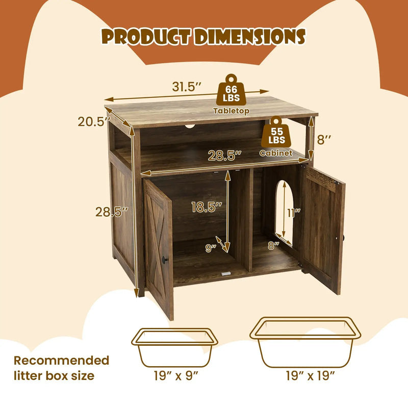 Cat Litter Box Enclosure with Double Barn Doors Divider Side Entry and Storage Shelf by DirectDeals