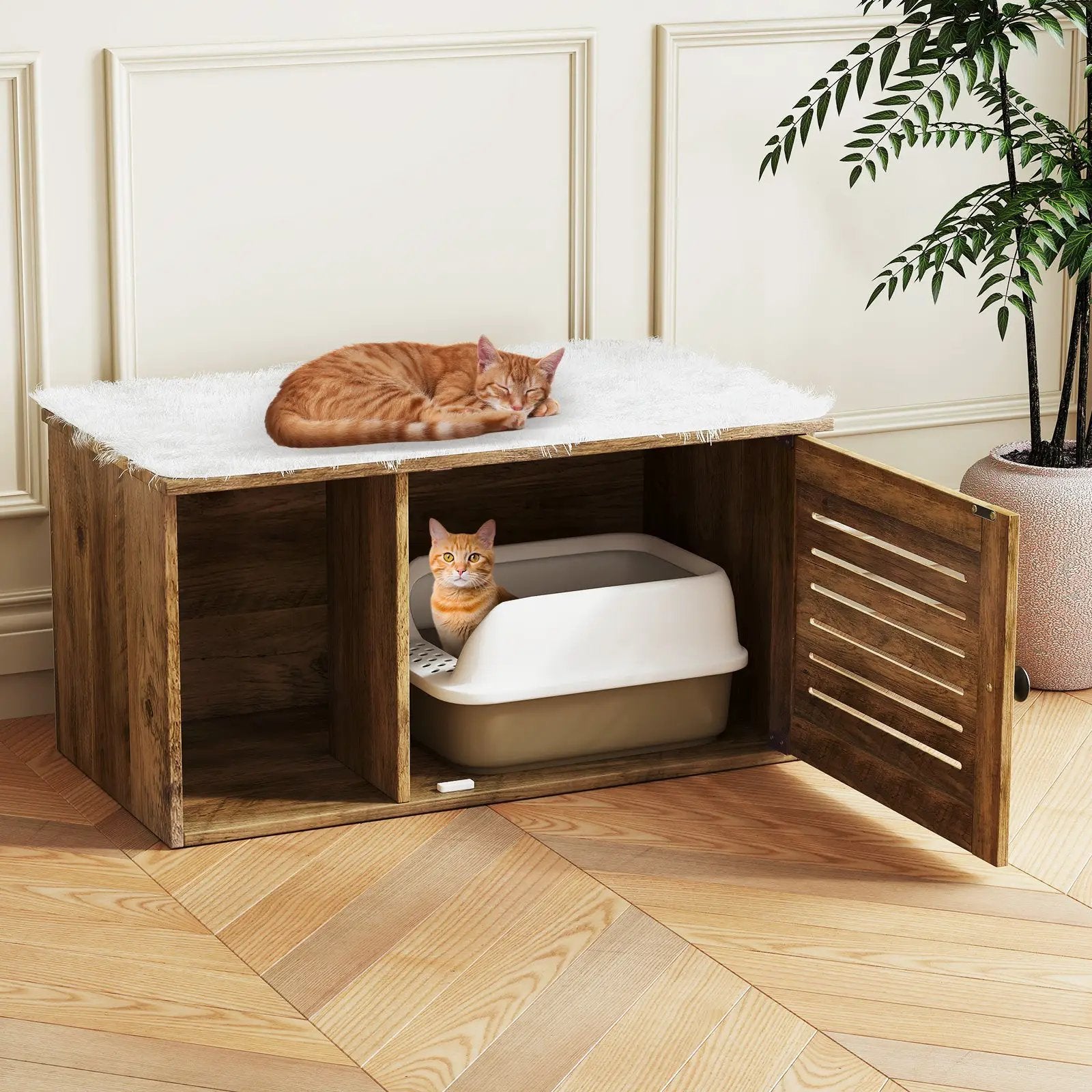 Cat Litter Box Enclosure with Louvered Door and Open Compartment by DirectDeals
