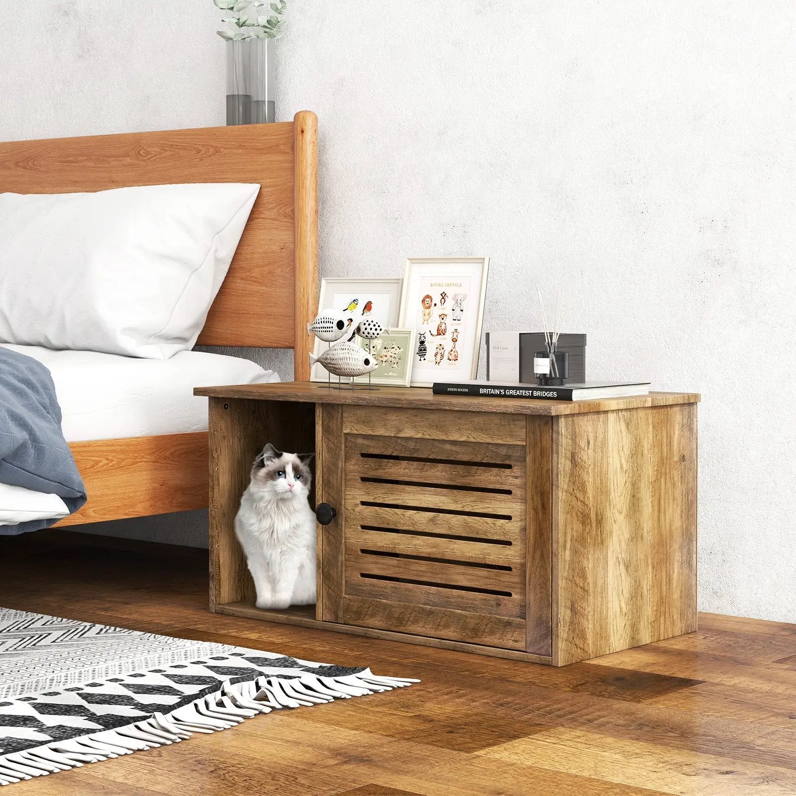 Cat Litter Box Enclosure with Louvered Door and Open Compartment by DirectDeals