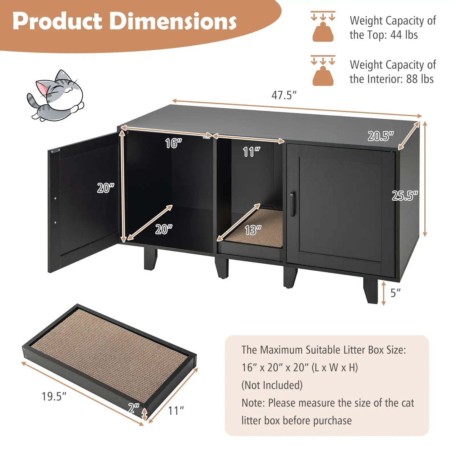 2-Door Cat Litter Box Enclosure with Winding Entry and Scratching Board by DirectDeals