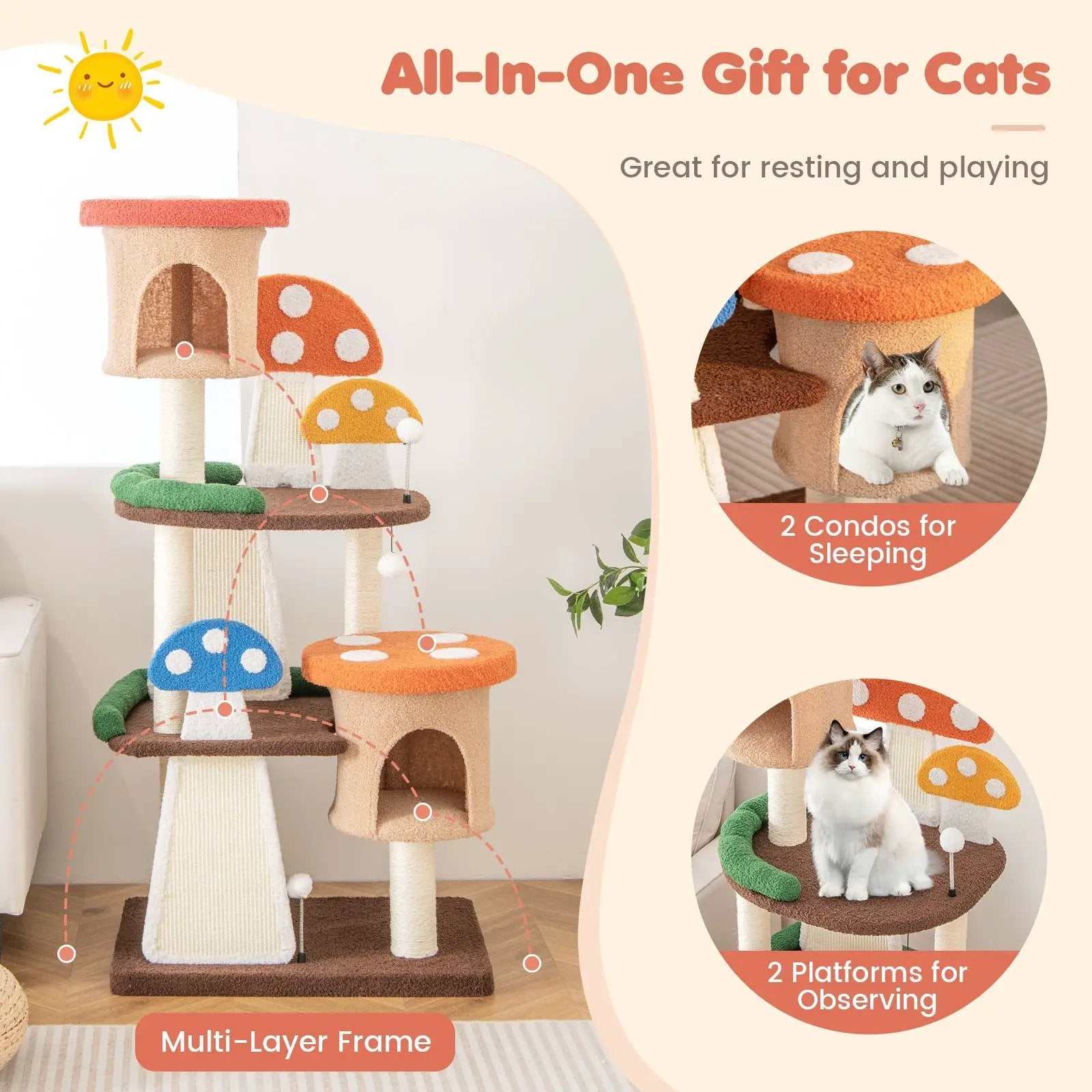 4-In-1 Cat Tree with 2 Condos and Platforms for Indoors-Multicolor by DirectDeals
