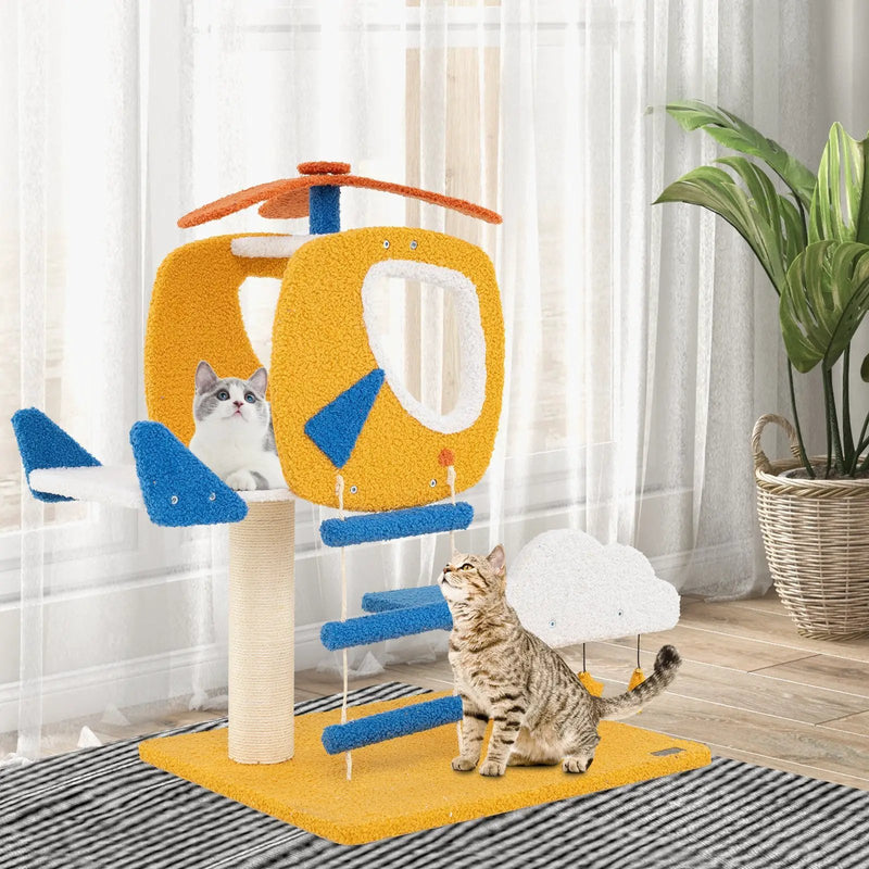 Indoor Small Aviation-themed Cat Tree Cat Tower with Helicopter Top Perch-Yellow by DirectDeals