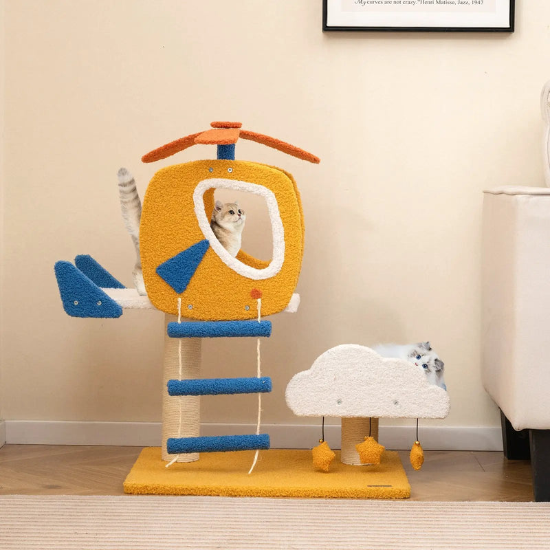Indoor Small Aviation-themed Cat Tree Cat Tower with Helicopter Top Perch-Yellow by DirectDeals