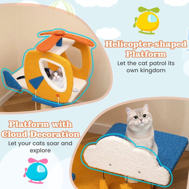 Indoor Small Aviation-themed Cat Tree Cat Tower with Helicopter Top Perch-Yellow by DirectDeals