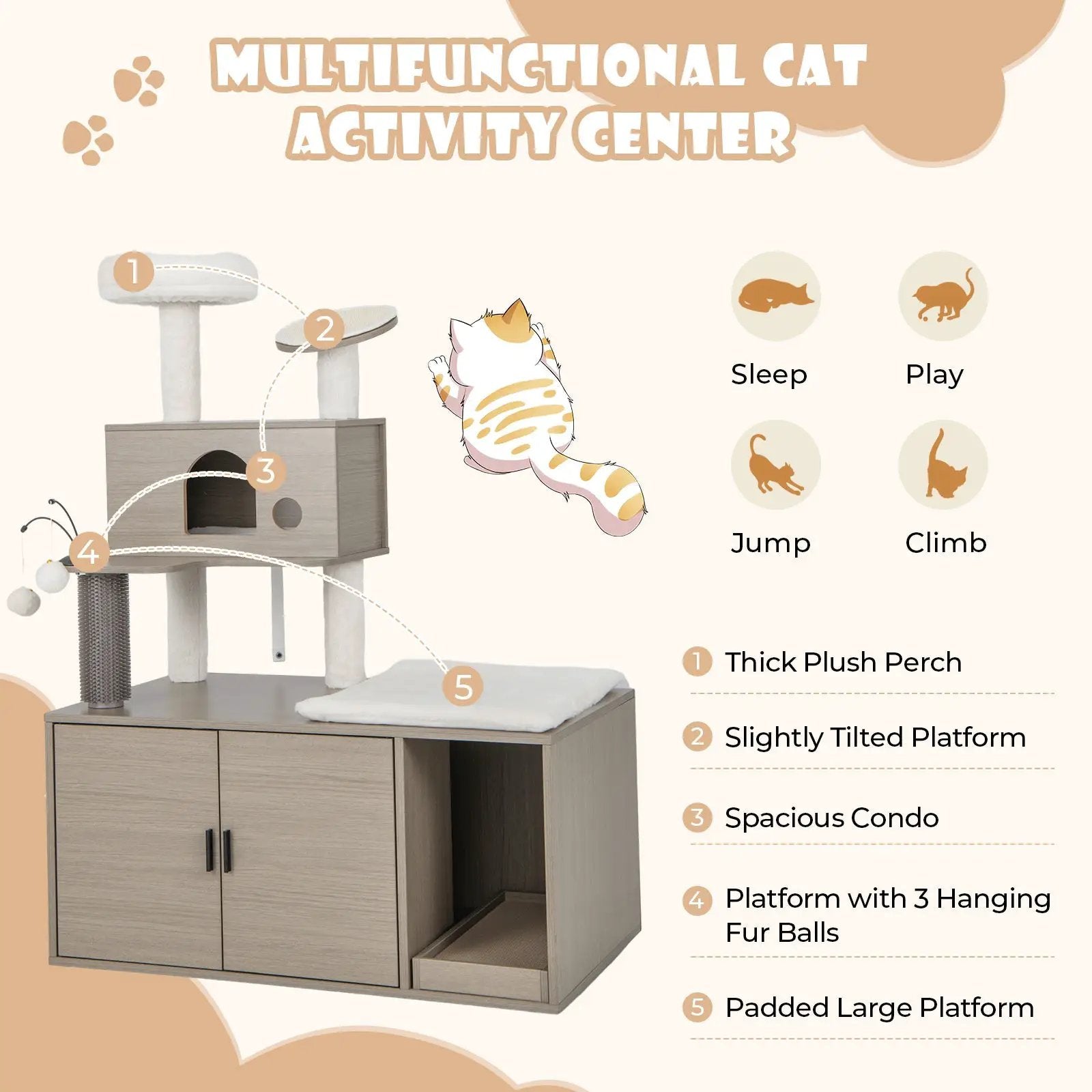 2-in-1 Modern Cat Tower with Litter Box Enclosure for Indoor Cars-Gray by DirectDeals