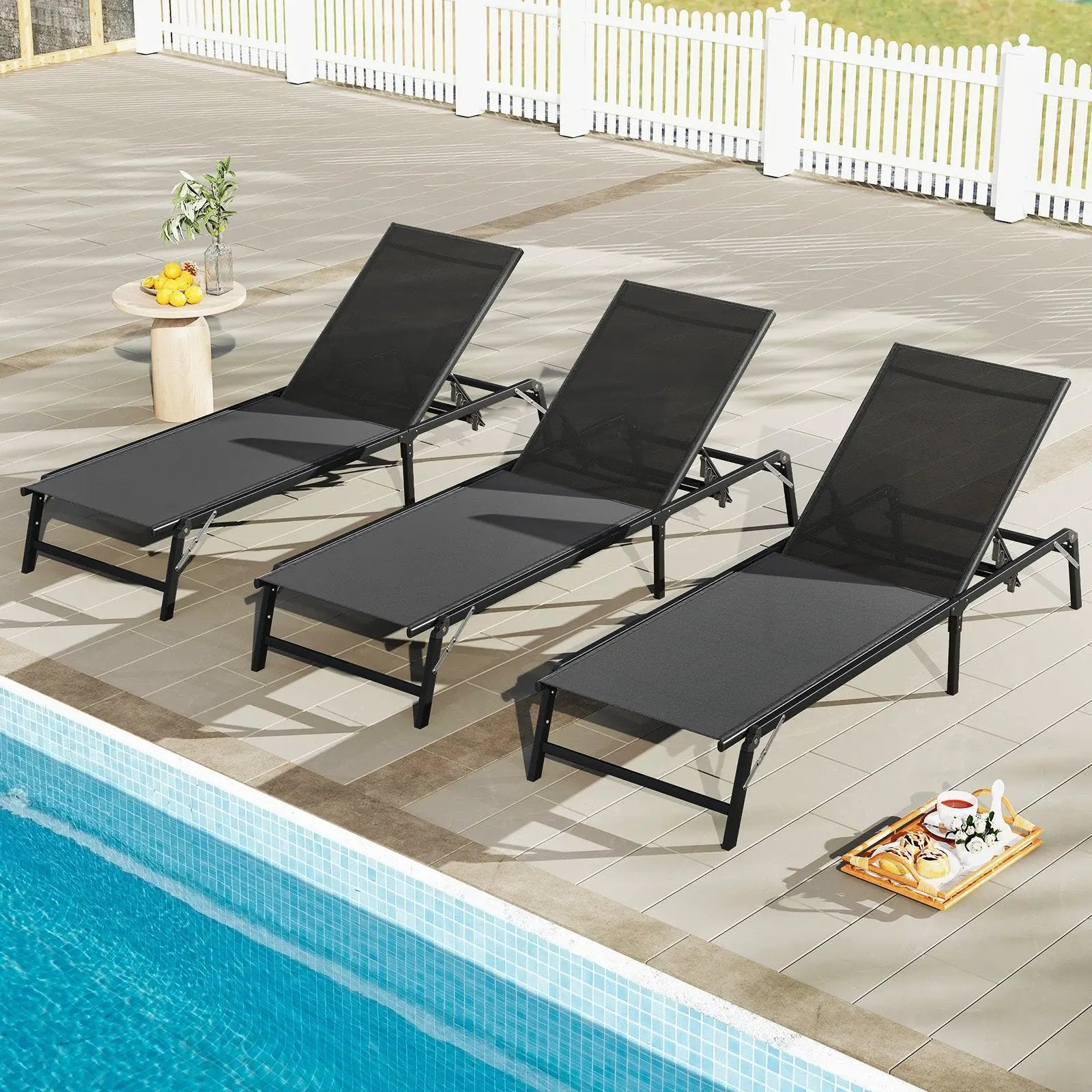 Chaise Lounge Chair Set of 2 Foldable Patio Lounge Chairs-Black by DirectDeals